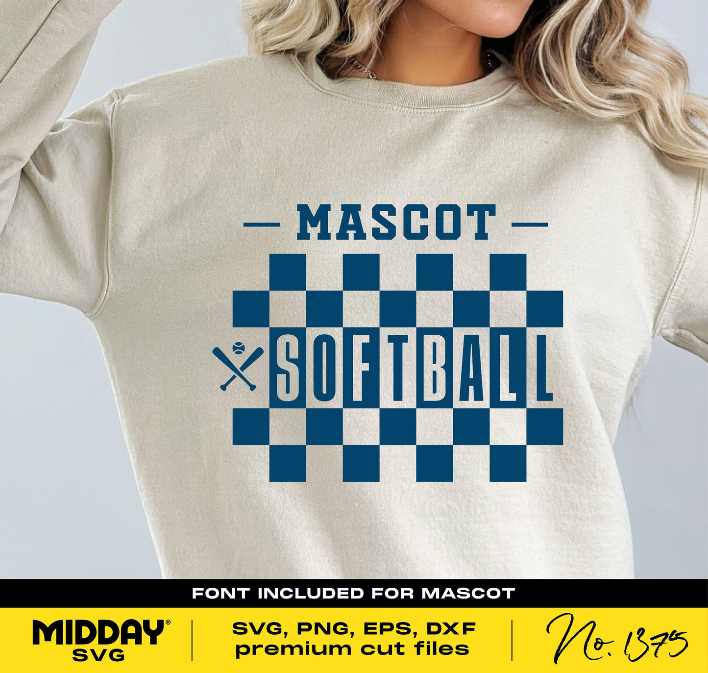 Checkered softball shirt design with 'Mascot Softball' text, ideal for team shirts and DIY projects using SVG, PNG files.