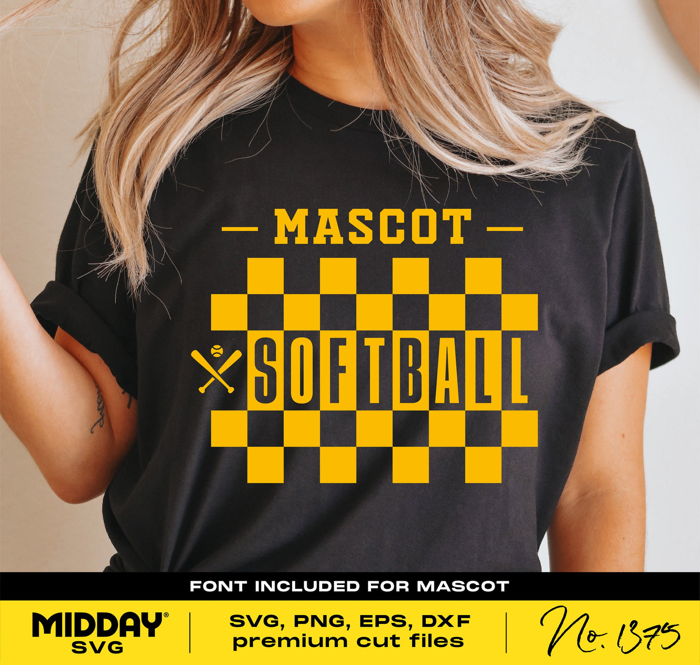 Checkered softball shirt design template featuring mascot and editable font, ideal for DIY team shirts, SVG and PNG files included.