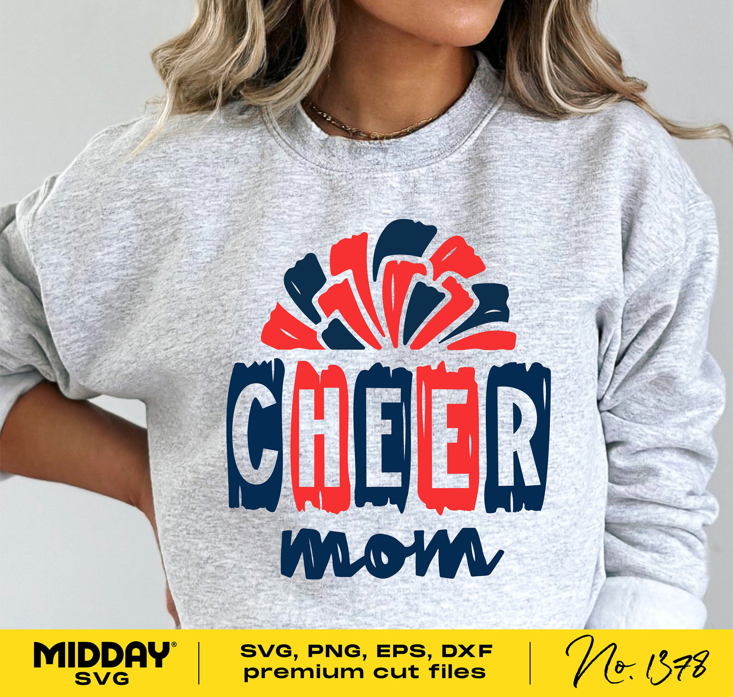 "Hand drawn Cheer Mom design on a sweatshirt, featuring pom poms and bold text, perfect for Cricut and Silhouette projects."