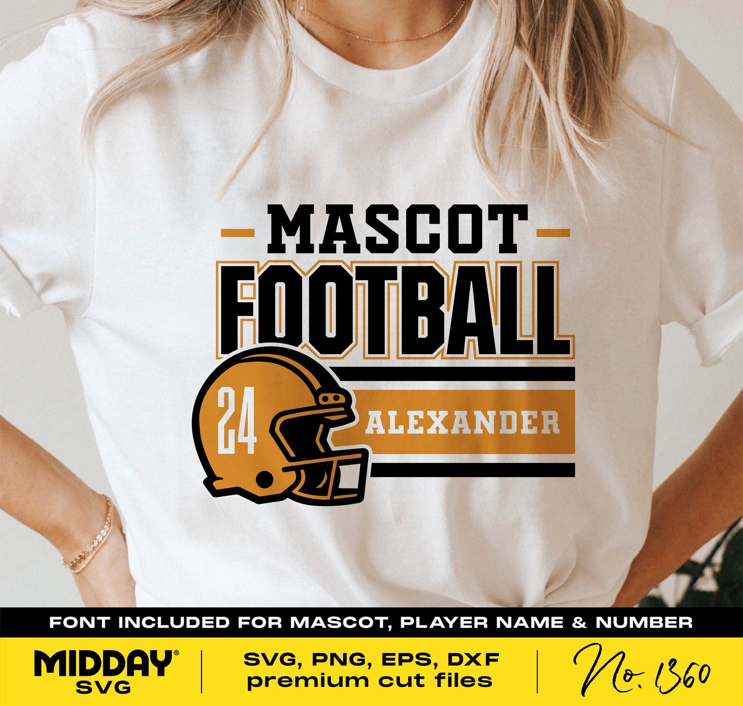 Football team shirt with customizable helmet, player name, and number design, includes SVG, PNG, DXF, and EPS formats.