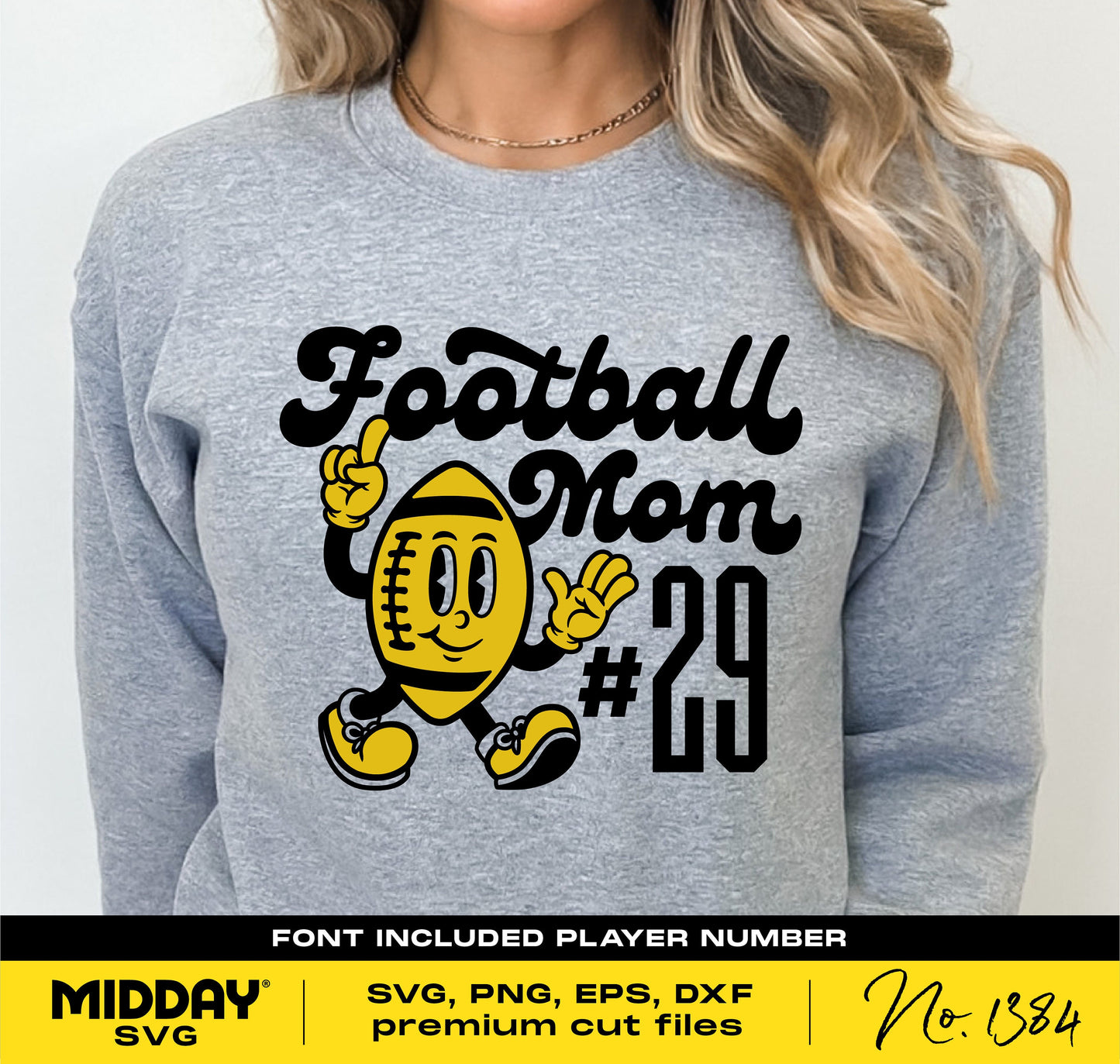 Gray sweatshirt featuring 'Football Mom' design with mascot and player number 29; suitable for Cricut and sublimation projects.