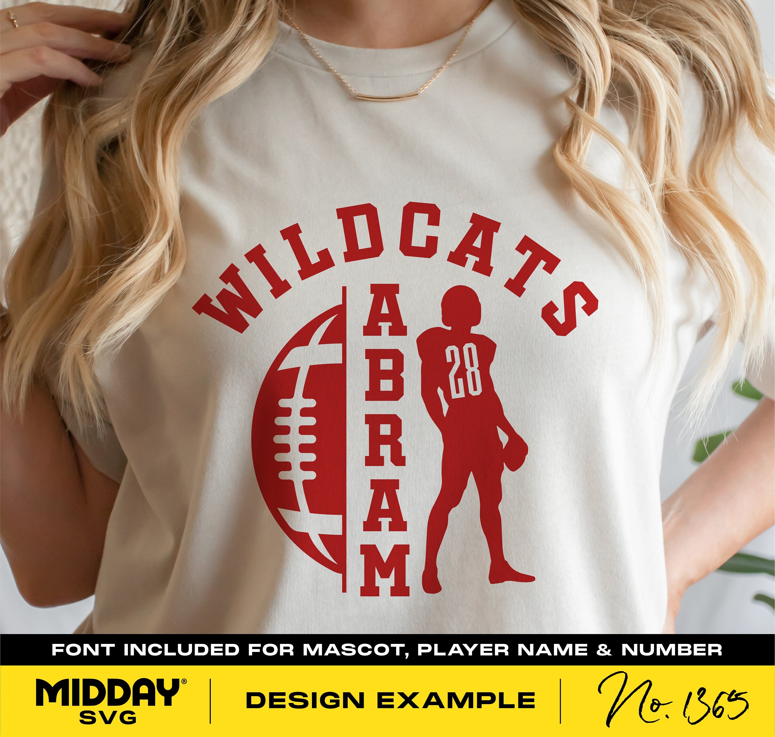 Woman wearing a t-shirt with 'Wildcats 28 Abram' football design in red, featuring player silhouette and football graphic. Font included for customization.
