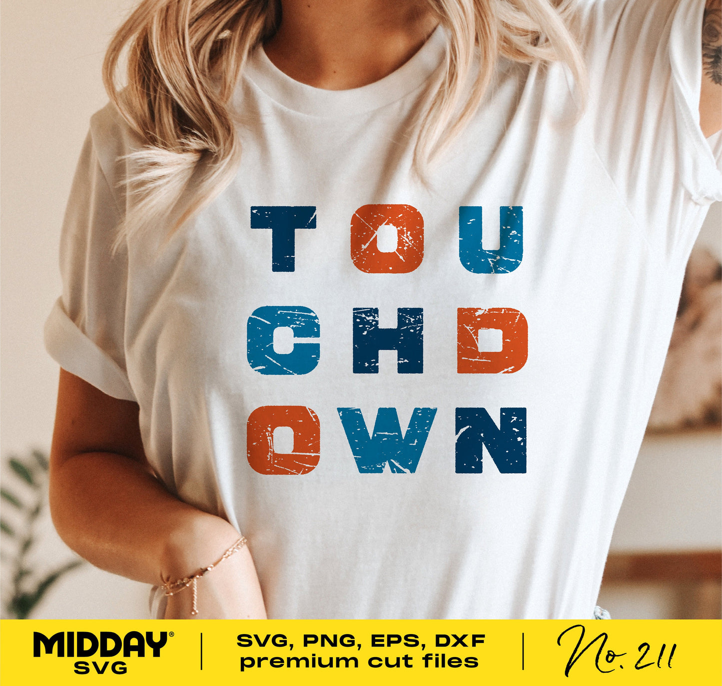 Football team design shirt with 'TOUCHDOWN' text, suitable for Cricut, Silhouette, sublimation. Includes SVG, PNG, EPS, DXF files.