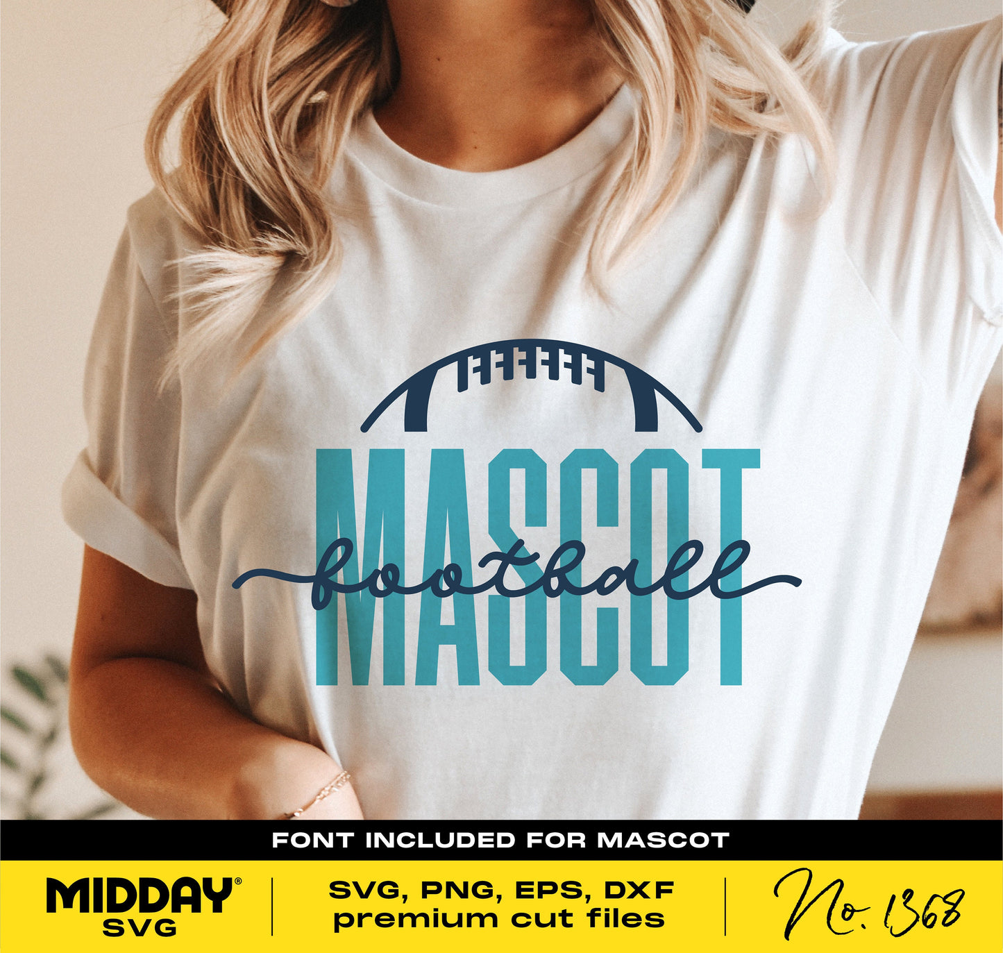 Woman wearing a shirt with 'Mascot Football' design, SVG, PNG, EPS, DXF file formats for Cricut, silhouette, sublimation crafting.