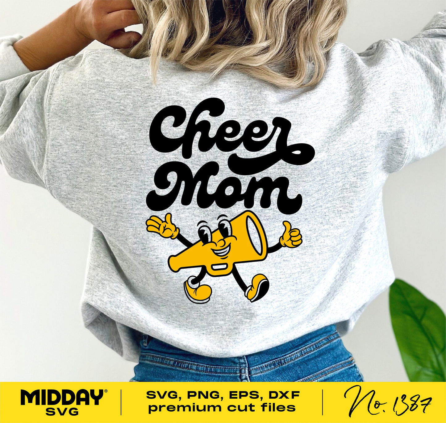 Cheer Mom SVG design on a sweatshirt featuring a cute megaphone mascot, ideal for Cricut and Silhouette crafting projects.