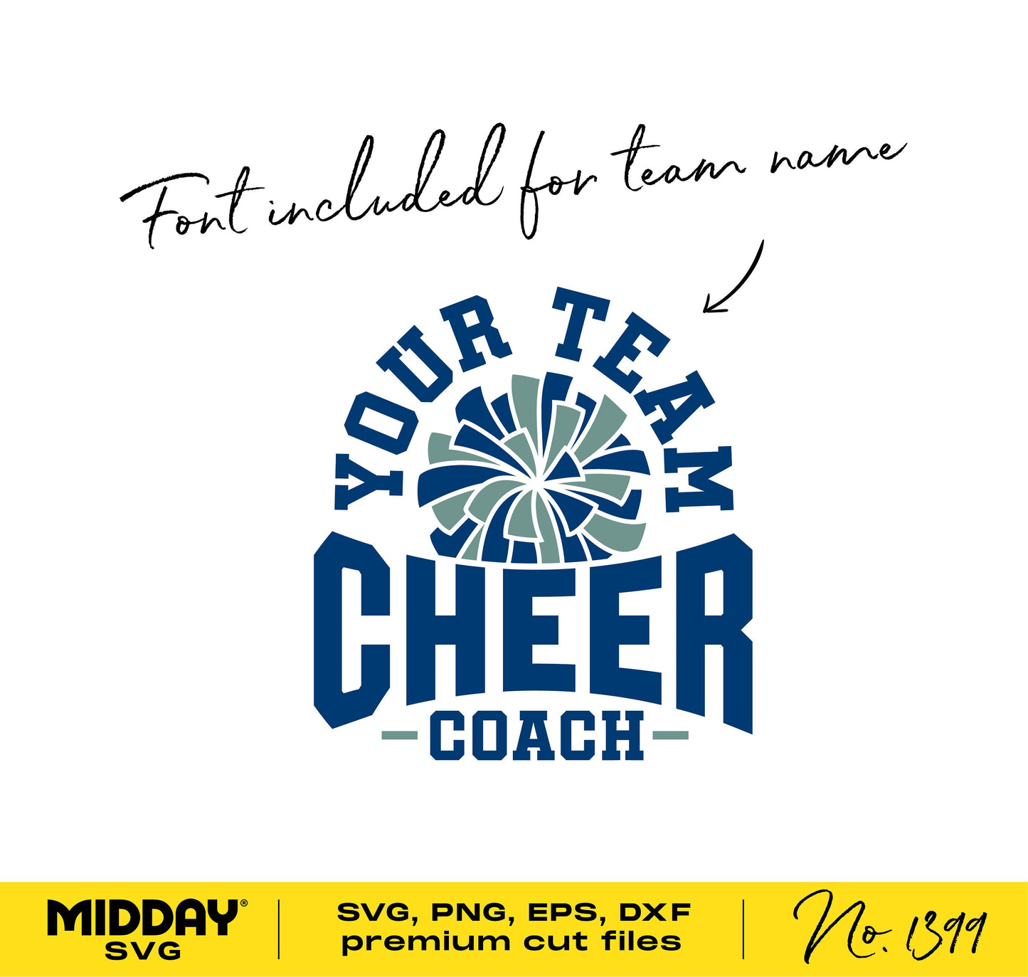 Cheer Coach SVG design with pom poms and font for team name, includes cut files for Cricut and Silhouette.