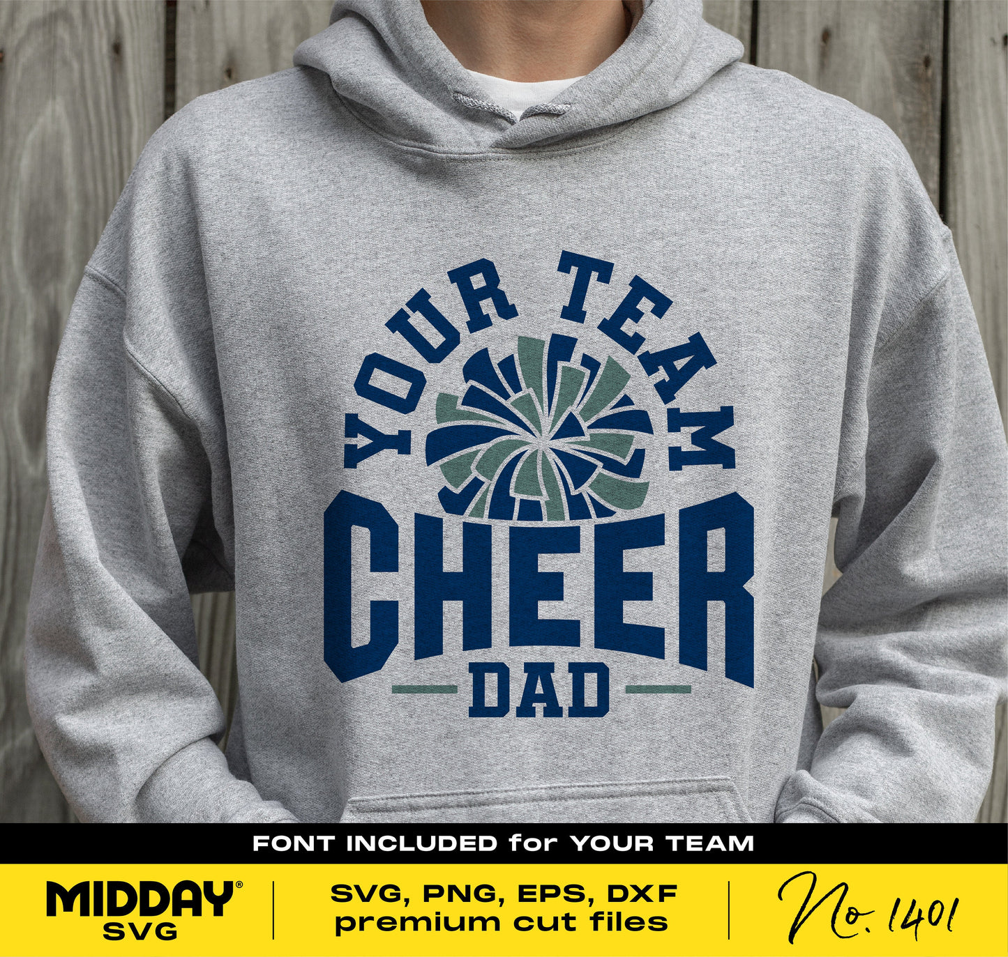 Gray hoodie featuring 'Your Team Cheer Dad' design with a pom pom graphic, suitable for Cricut and Silhouette cutting machines.