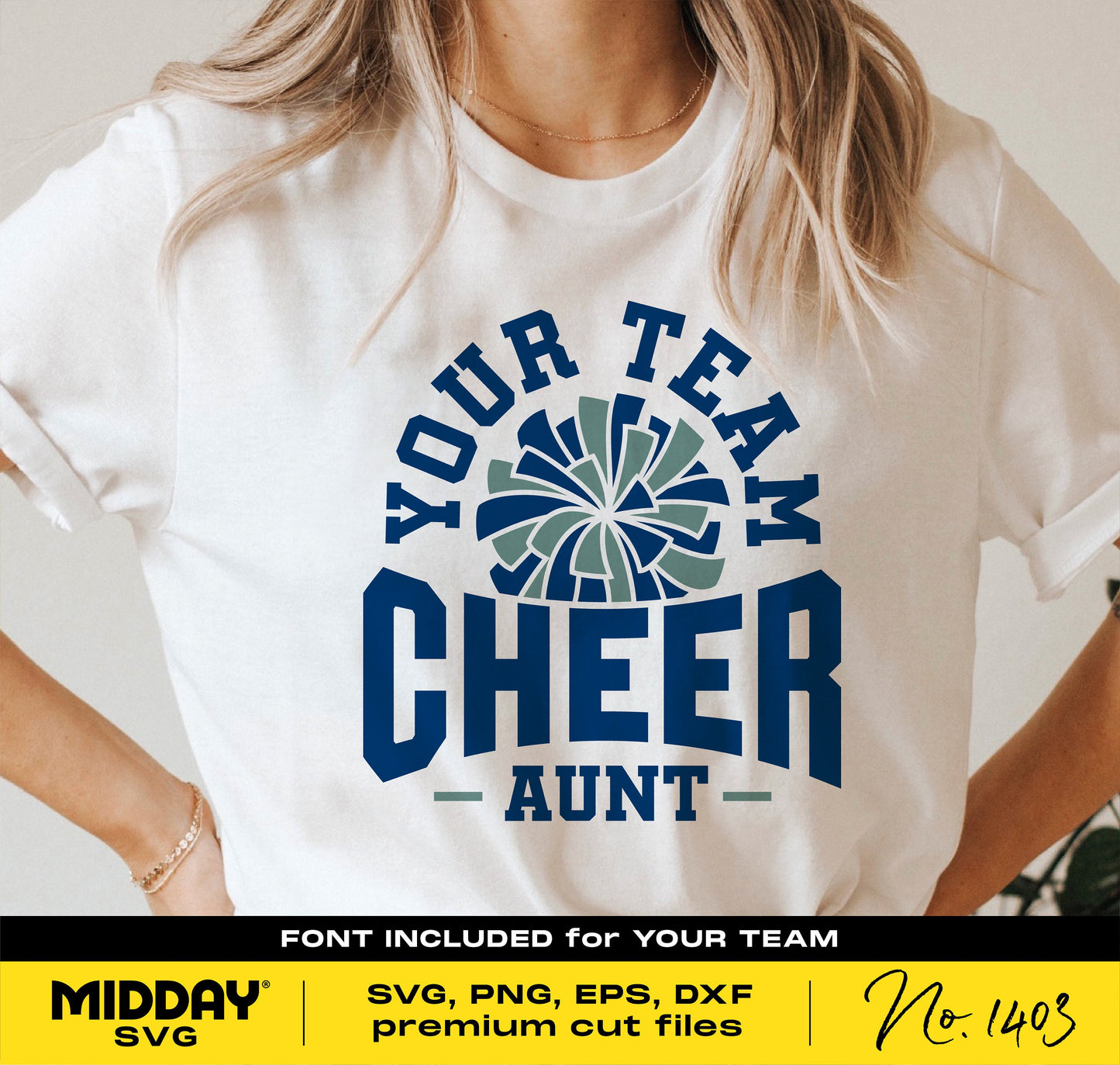 Cheer Auntie shirt with blue pom-pom design, perfect for cheerleading fans. Available as SVG, PNG, DXF, EPS for Cricut and Silhouette.
