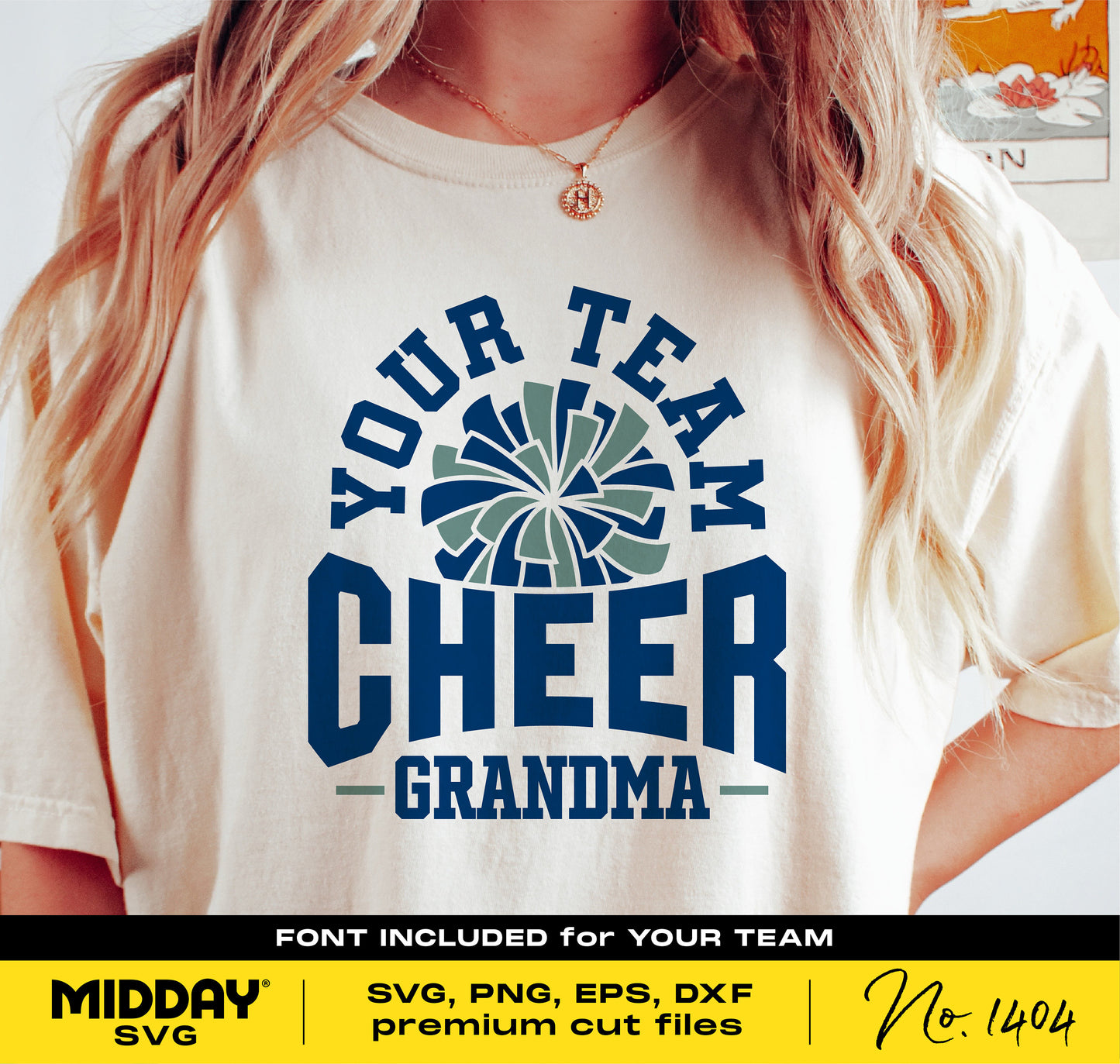 Woman wearing a t-shirt with 'Your Team Cheer Grandma' design, featuring a pom-pom graphic. Available in SVG, PNG, EPS, DXF formats.