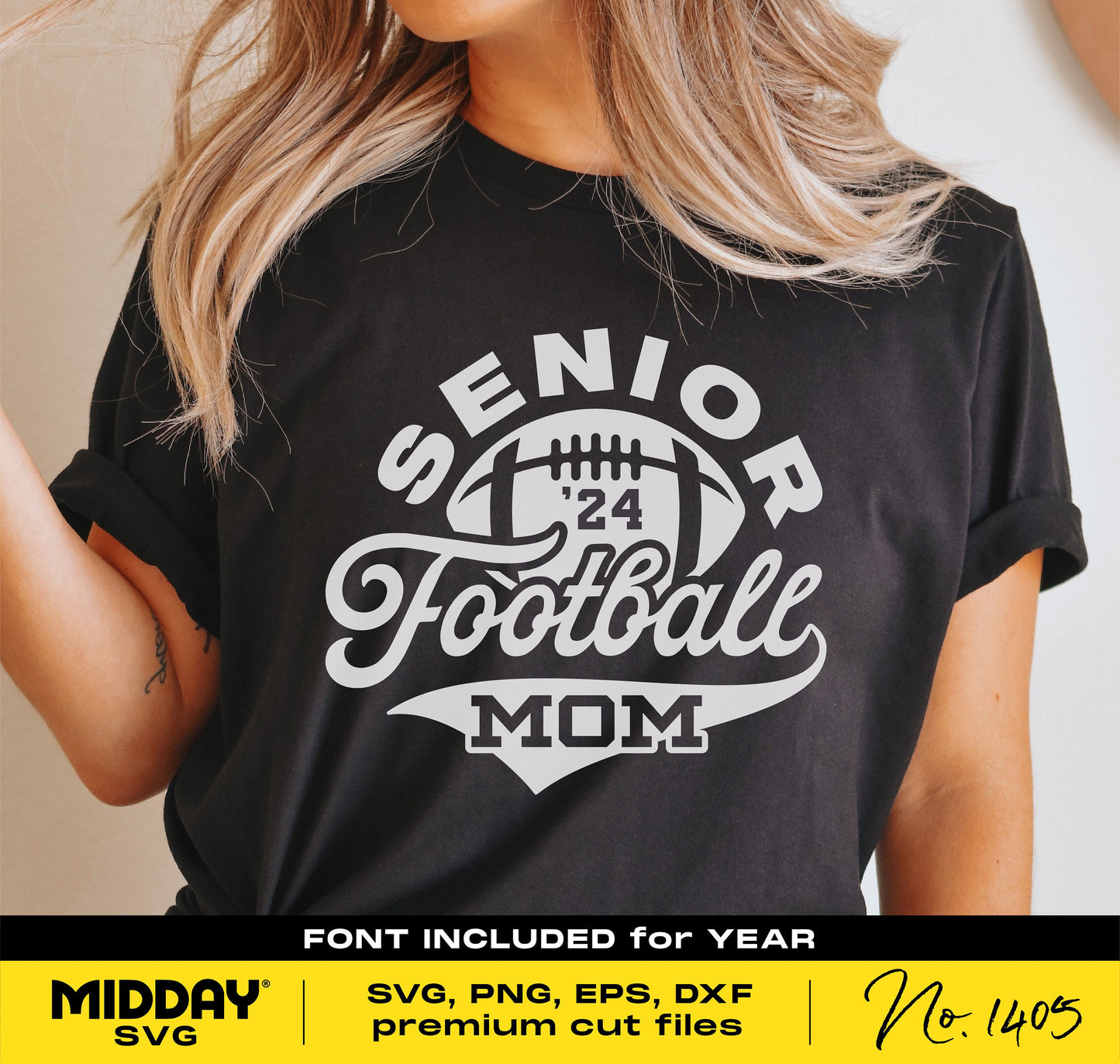 Woman wearing black shirt with 'Senior Football Mom' design for Cricut, includes SVG, PNG, EPS, DXF files, font included for year.