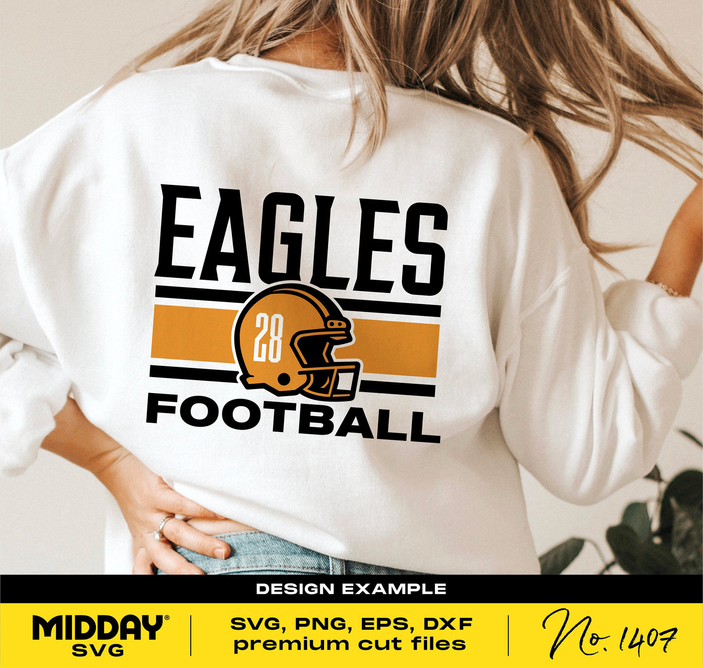 Woman wearing shirt with Eagles football helmet design, featuring DIY SVG, PNG, EPS, DXF cut files for Cricut, no. 1407 by Midday SVG.