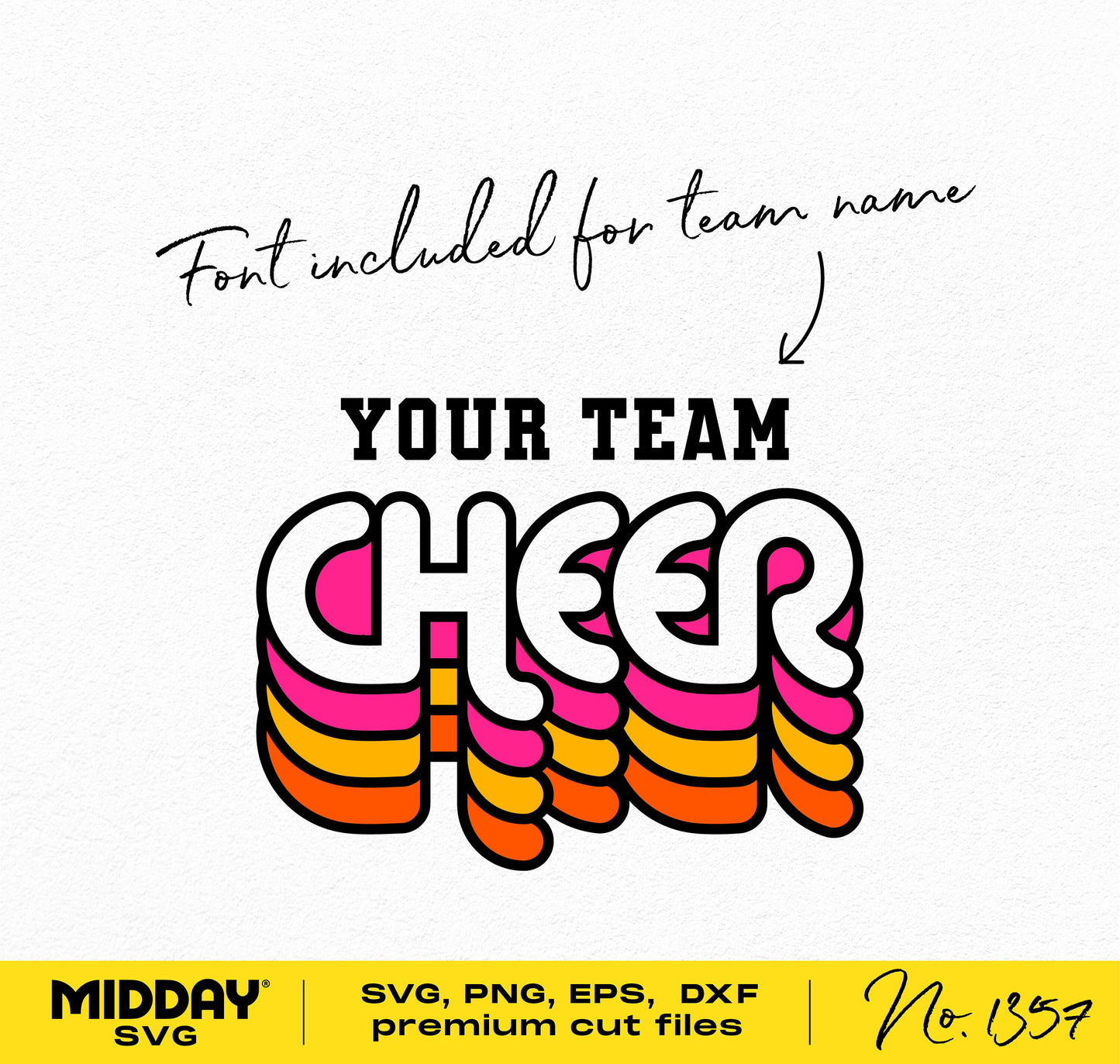 Retro cheer team design with customizable font for shirts, SVG PNG DXF EPS files, colorful text with orange and pink stripes.