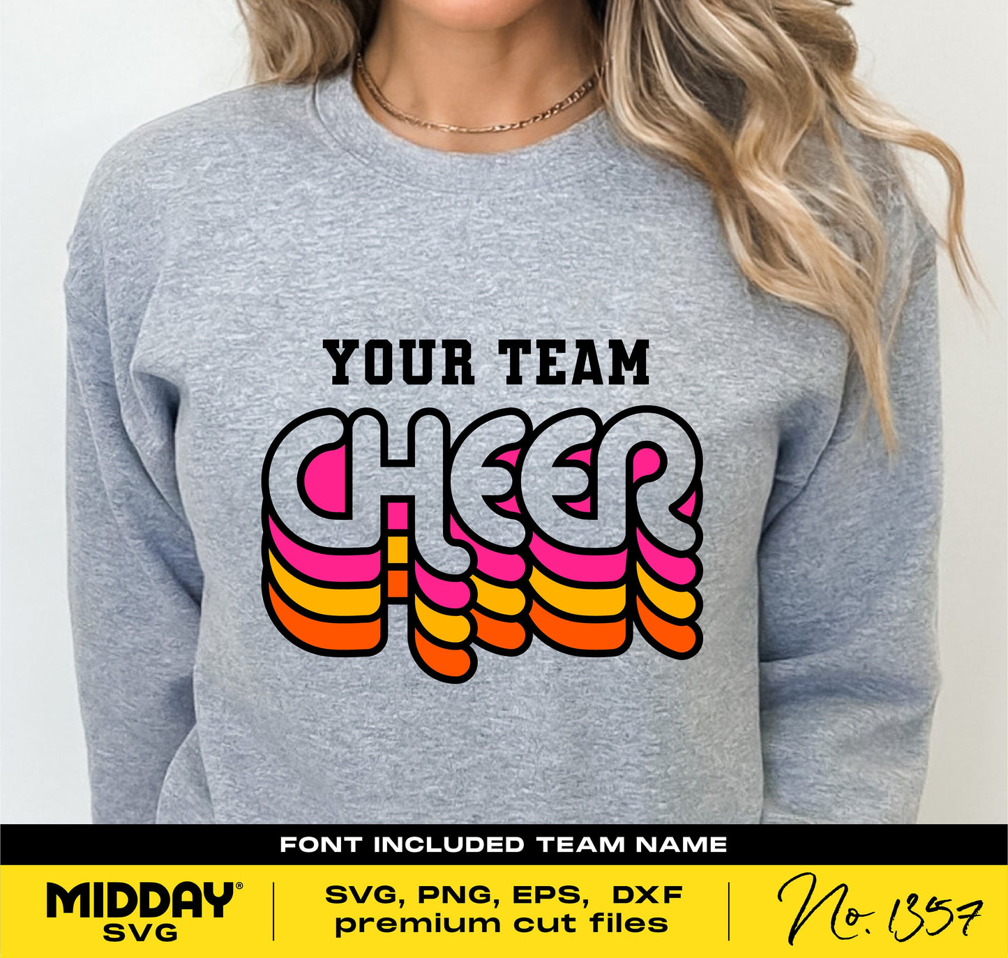 Gray sweatshirt with 'Your Team Cheer' retro design in pink and orange, suitable for cheerleader shirts and sublimation projects.