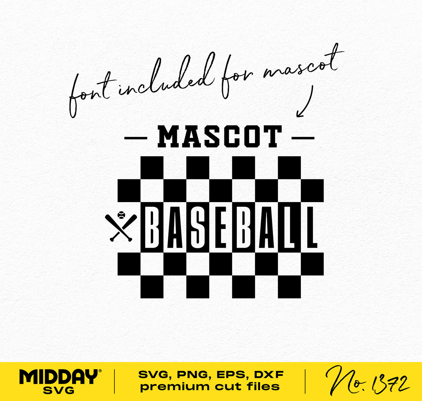 Checkered black and white baseball SVG template with included font and "Mascot Baseball" design by Midday SVG.
