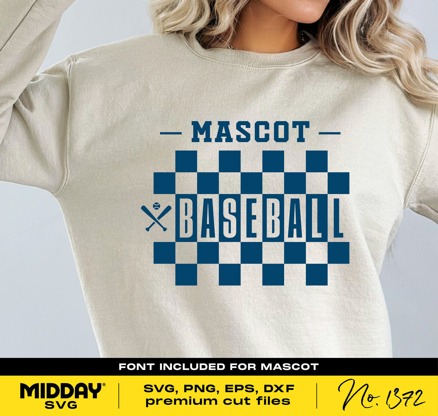 Checkered baseball shirt template with "Mascot Baseball" design in blue, includes SVG, PNG, EPS, DXF files and font. DIY team shirt design.