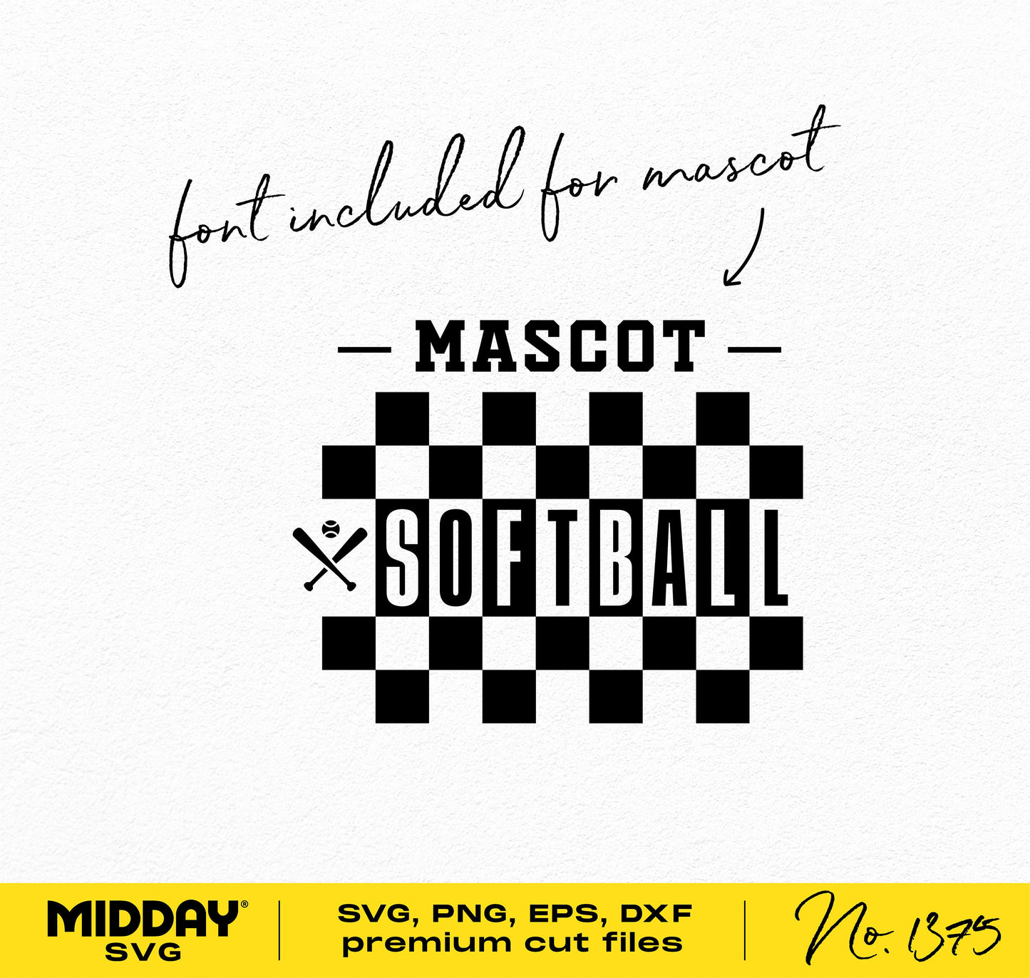 Checkered softball mascot design with included font, available in SVG, PNG, EPS, DXF formats. Perfect for DIY team shirts and banners.