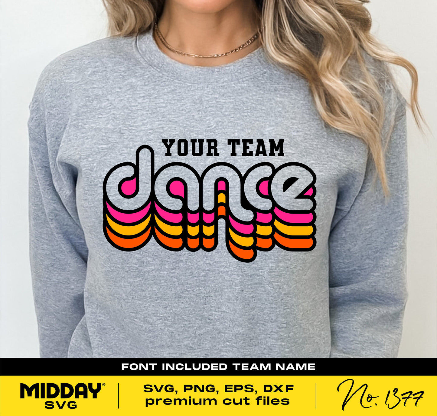 Woman wearing gray sweatshirt with vibrant retro dance team design, ideal for DIY Dance Mom shirts and Cricut projects.