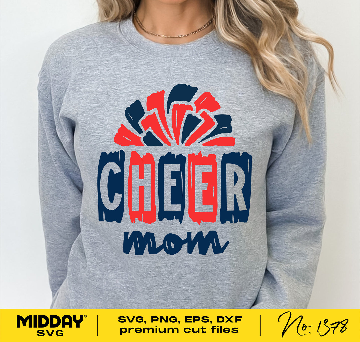 Woman wearing grey sweater with hand-drawn 'Cheer Mom' design in red and navy with pom poms, SVG cut file for Cricut and Silhouette.