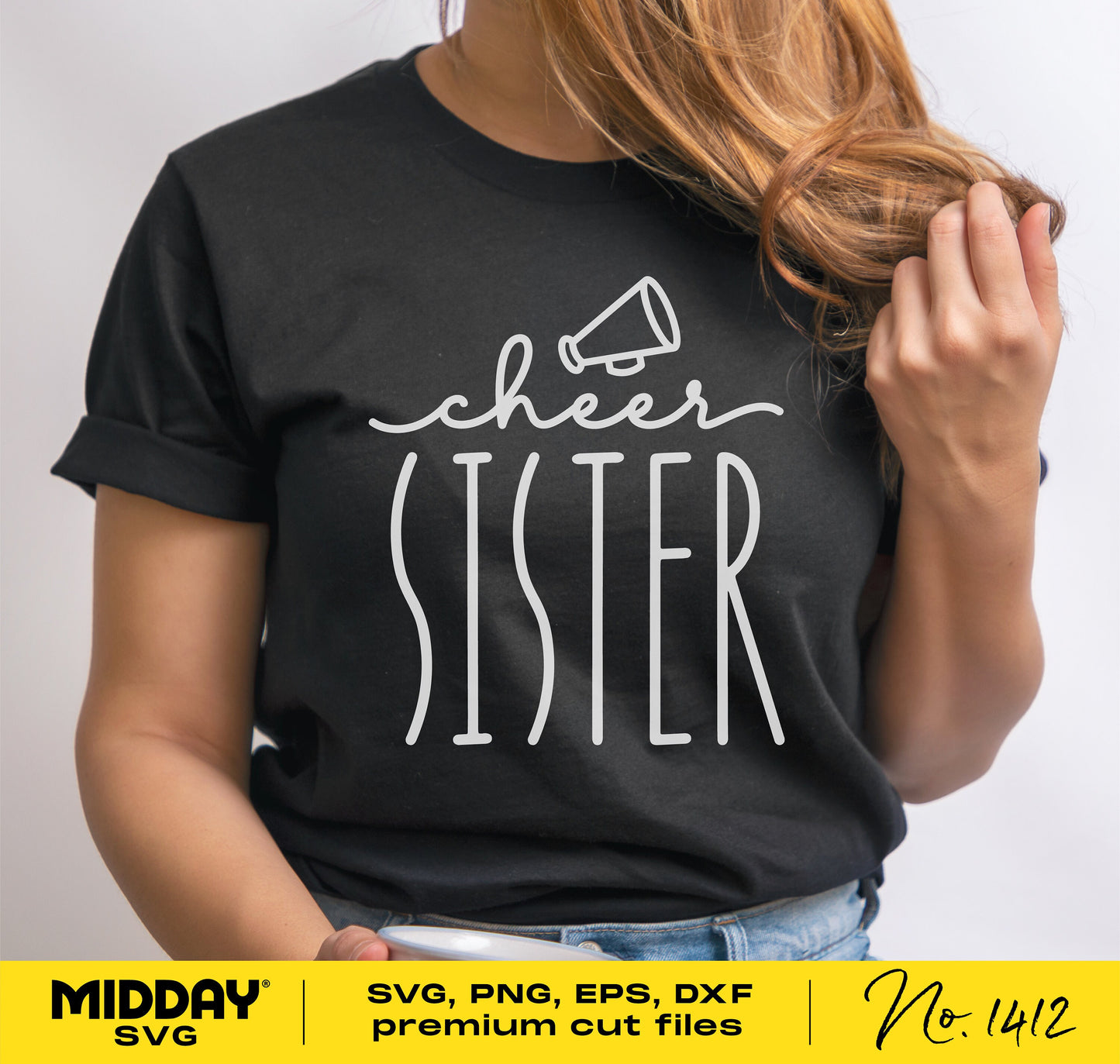 Person wearing a black shirt with 'Cheer Sister' and megaphone design, featuring SVG, PNG, EPS, DXF cut files for cheerleading team shirts.