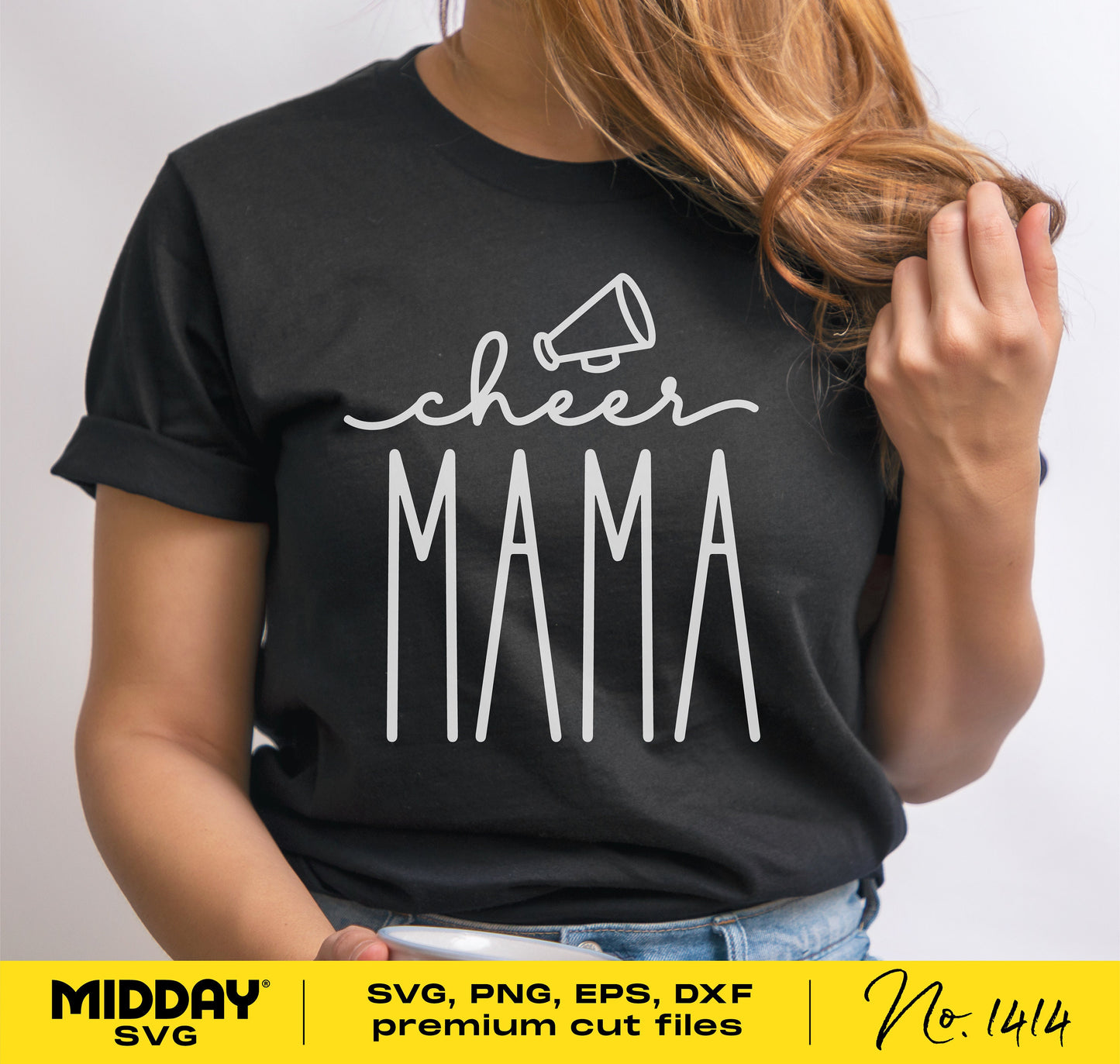 Woman wearing black t-shirt with 'Cheer Mama' design featuring a megaphone, suitable for Cricut, Silhouette, and sublimation crafting.