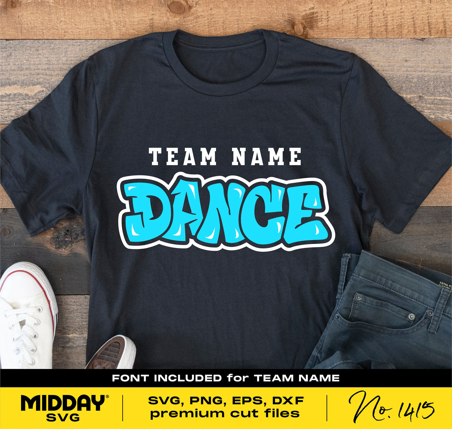 Black shirt with 'Team Name Dance' in bold white and blue font, dance mom SVG PNG design, DIY customizable template included.