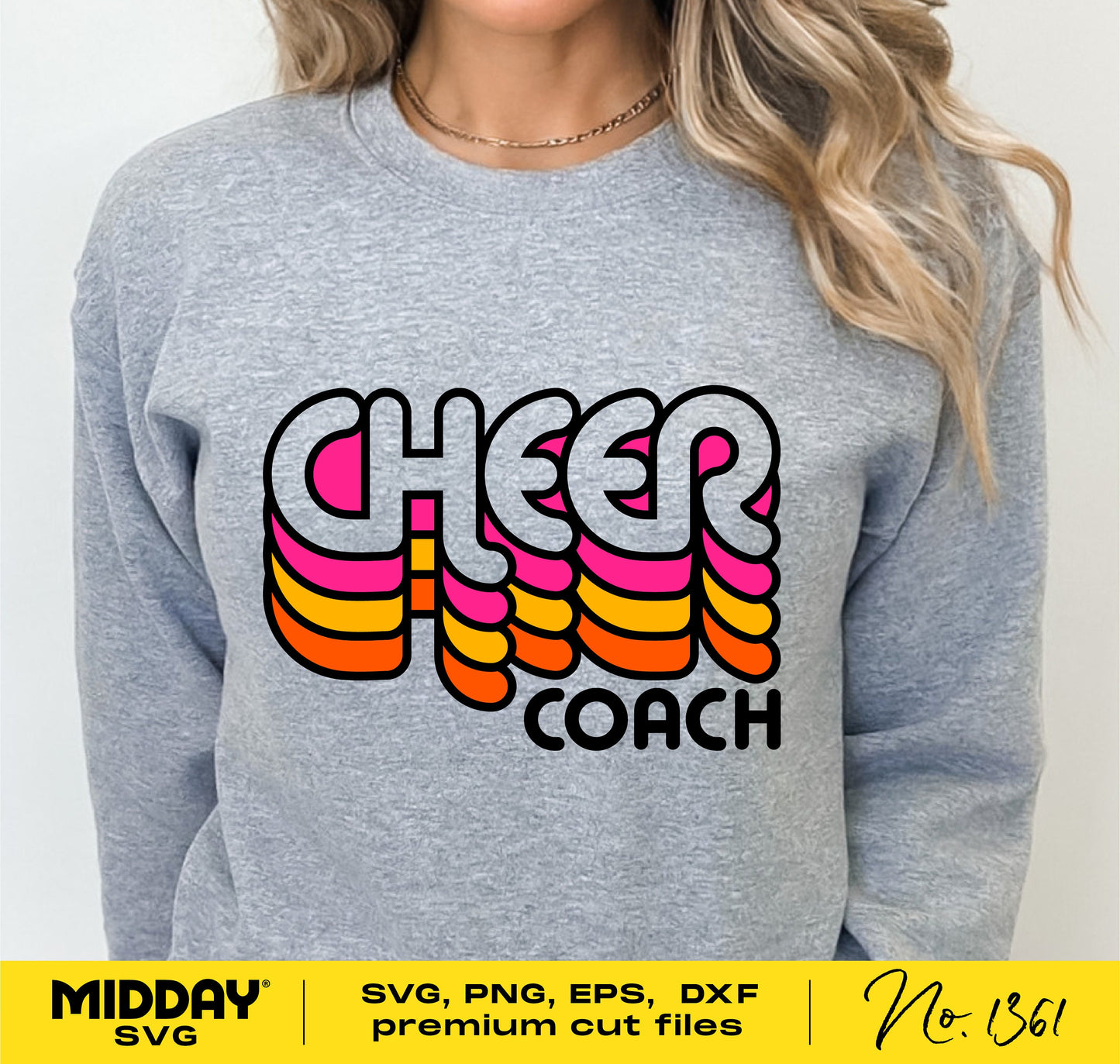 Gray sweatshirt with colorful 'Cheer Coach' design in SVG, PNG, EPS, DXF formats, available for Cricut and sublimation projects.