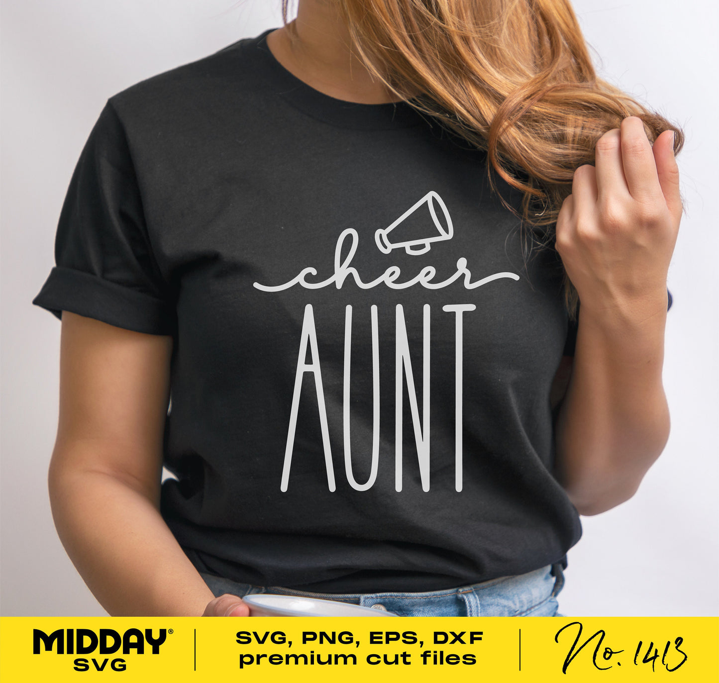 Cheerleading Aunt shirt design featuring 'Cheer Aunt' text with megaphone graphic, perfect for Cricut and Silhouette projects.