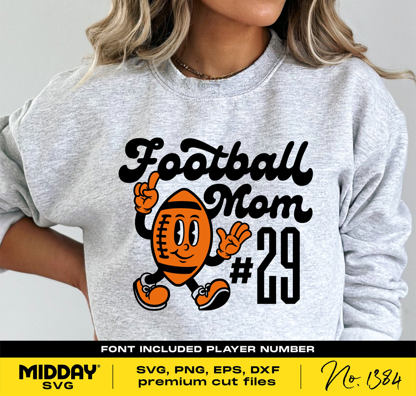 Football Mom mascot character shirt design with player number, perfect for Cricut or sublimation, available in SVG, PNG formats.