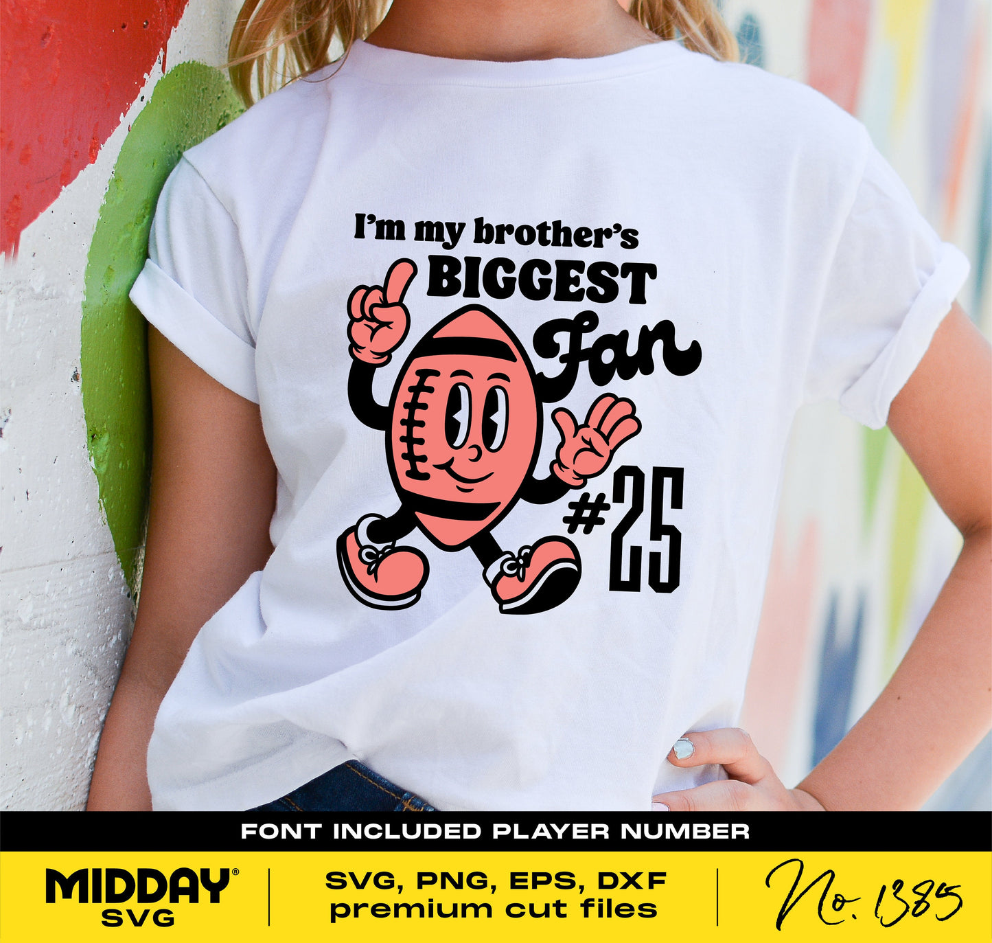 Child wearing a shirt with 'I'm My Brother's Biggest Fan' football design in black and pink, includes font and player number options.
