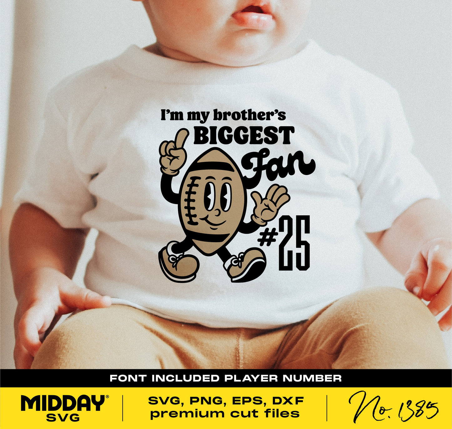 Baby wearing football-themed shirt reading 'I'm my brother's biggest fan' with SVG design, ideal for Cricut and DIY sublimation projects.