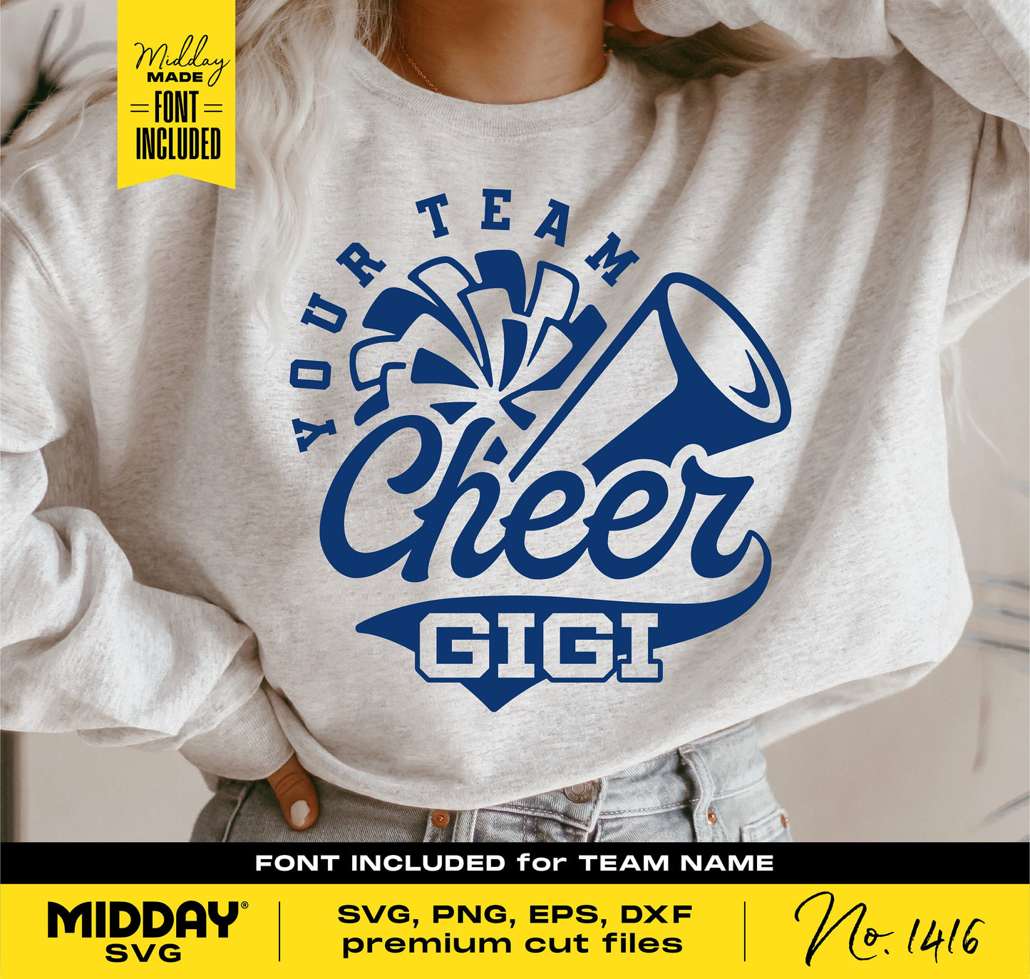 Sweatshirt with Cheer Gigi design, featuring a megaphone and pom-poms, ideal for cheerleader grandmas, available in SVG, PNG formats.