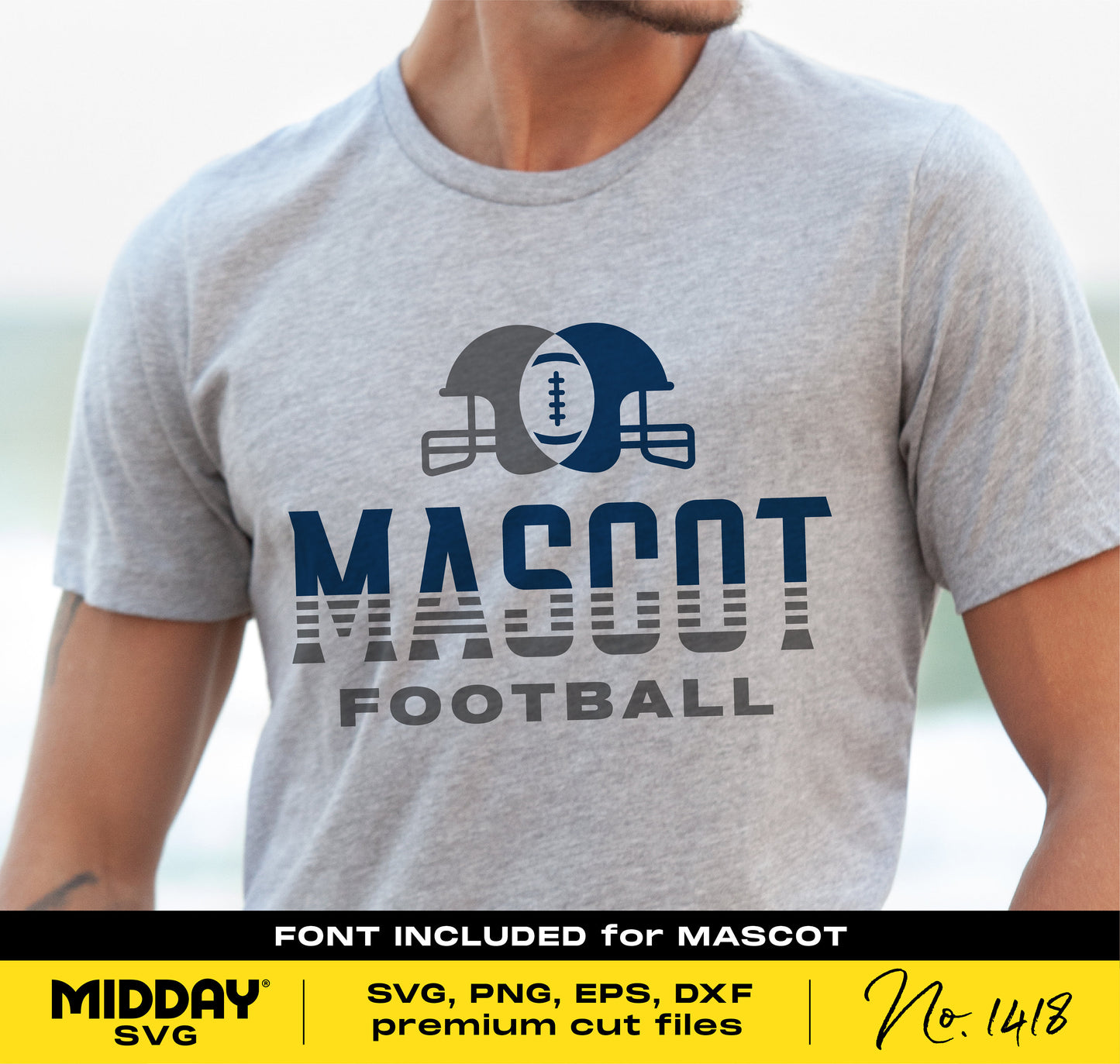 Person wearing gray t-shirt with football helmet graphic reading 'Mascot Football'; suitable for Cricut and sublimation projects.