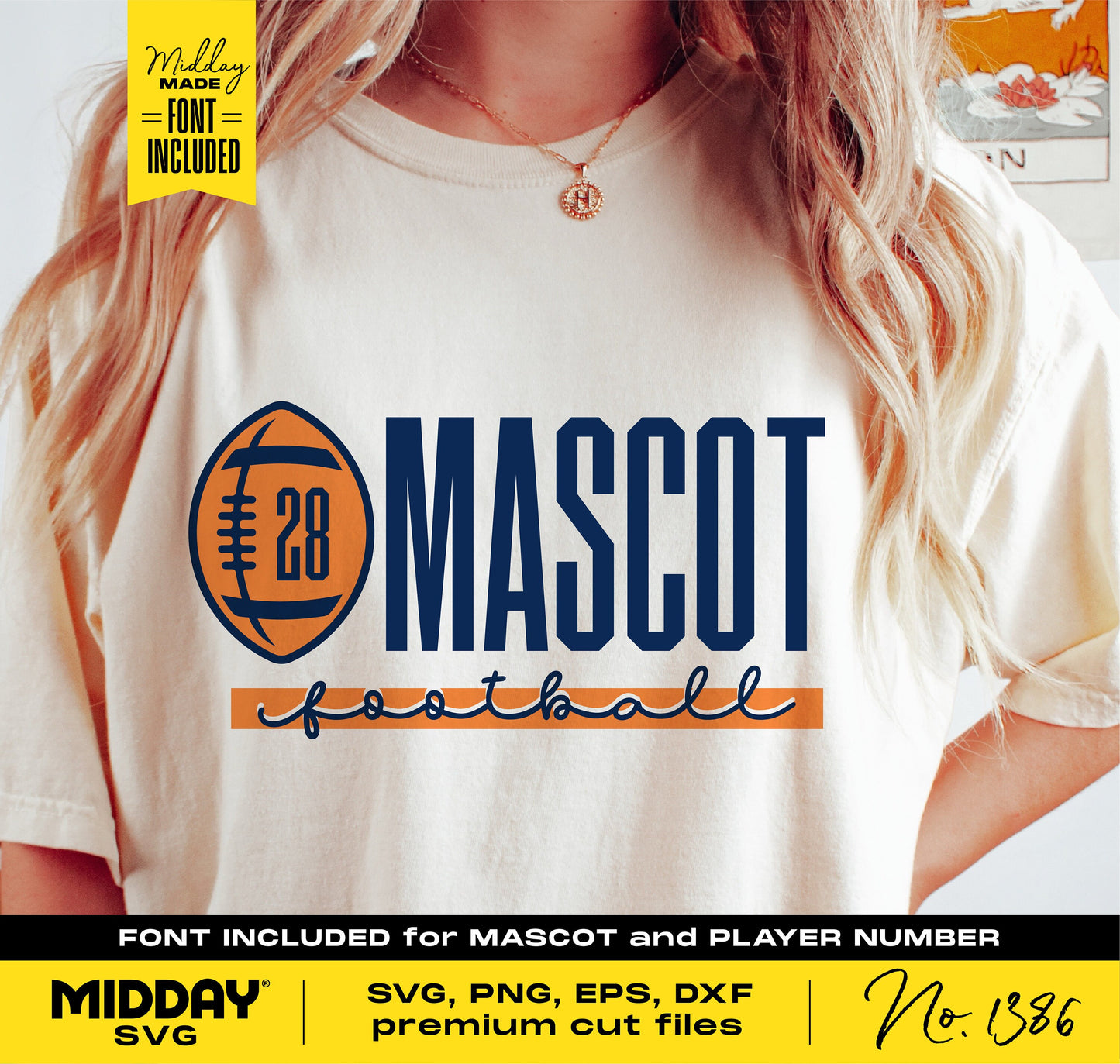 Football team shirt with customizable mascot design in SVG, PNG formats. Ideal for DIY projects on Cricut with font included.