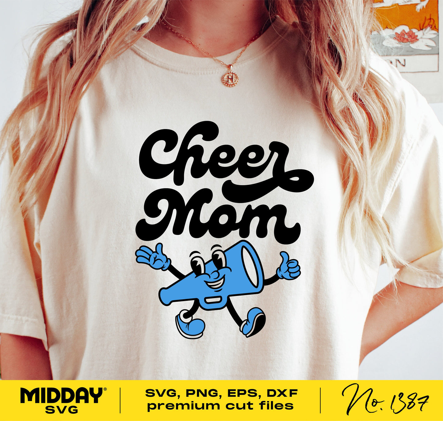 Cheer Mom SVG design on shirt with smiling megaphone mascot, available in SVG, PNG, EPS, DXF formats for Cricut and Silhouette.