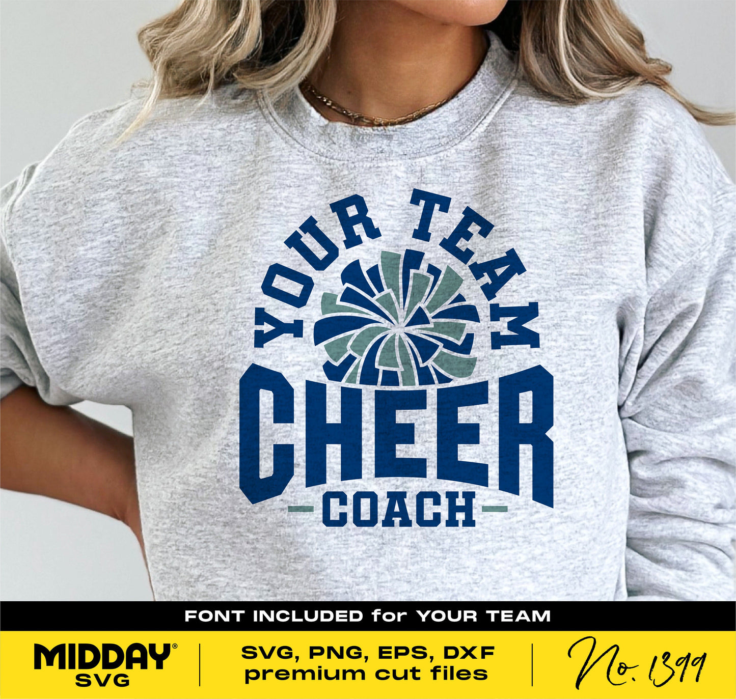 Gray sweatshirt with 'Your Team Cheer Coach' design in blue and green, perfect for cheerleader coaches. Includes SVG, PNG, DXF files.