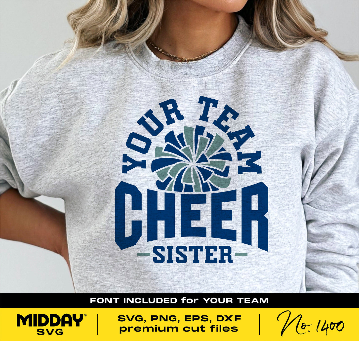 Woman wearing a gray sweatshirt with 'Your Team Cheer Sister' design featuring pom-poms, suitable for Cricut, Silhouette, and sublimation.