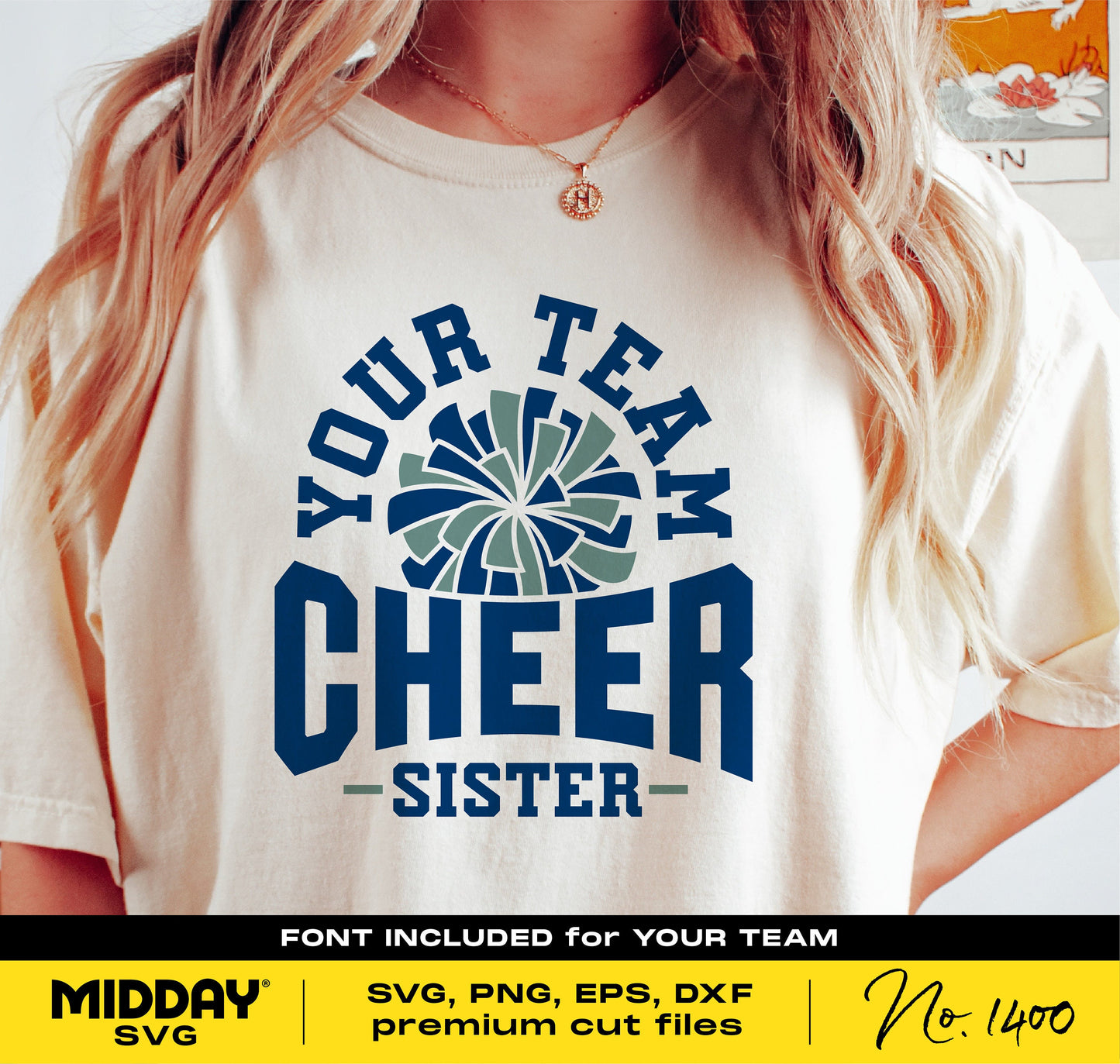 Cheer Sister shirt design with pom pom graphic, available in SVG, PNG, EPS, DXF formats, ideal for Cricut and team personalization.