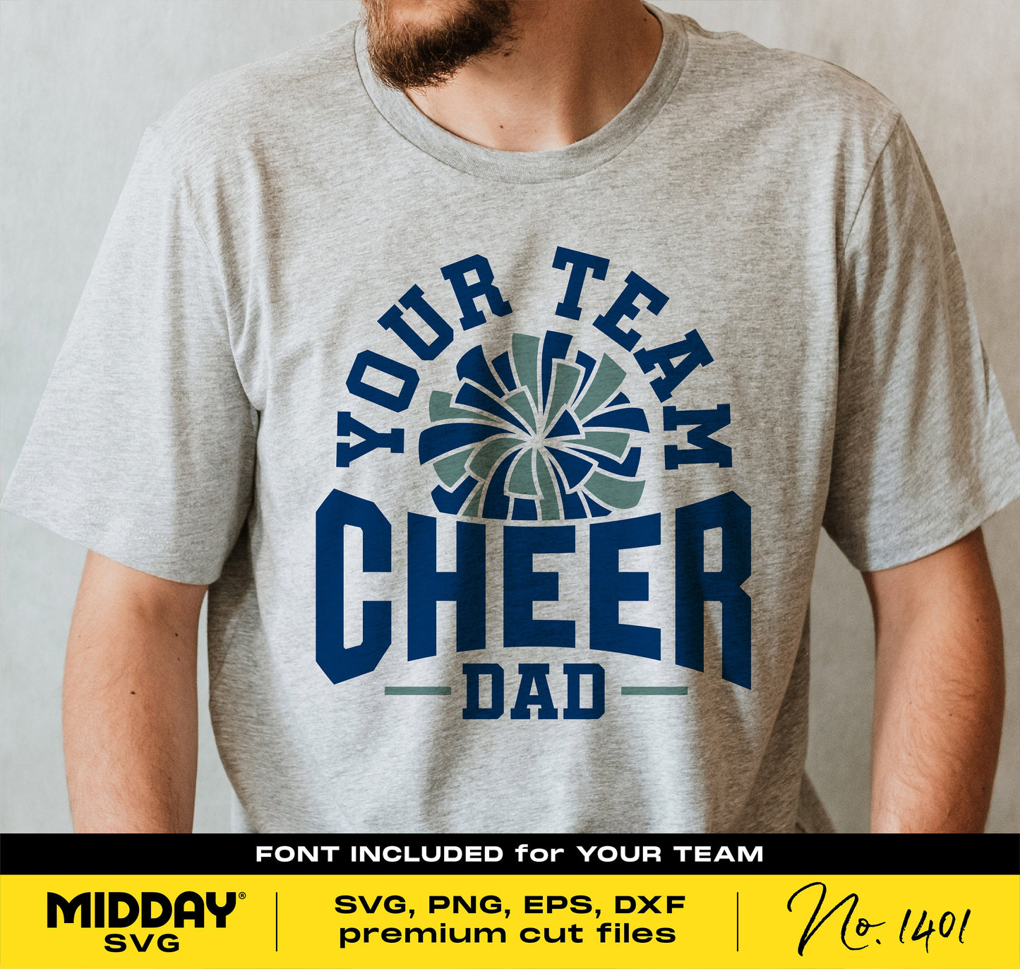 Gray t-shirt with 'Your Team Cheer Dad' design in blue, featuring a pom pom graphic, perfect for cheerleading supporters, SVG cut files included.