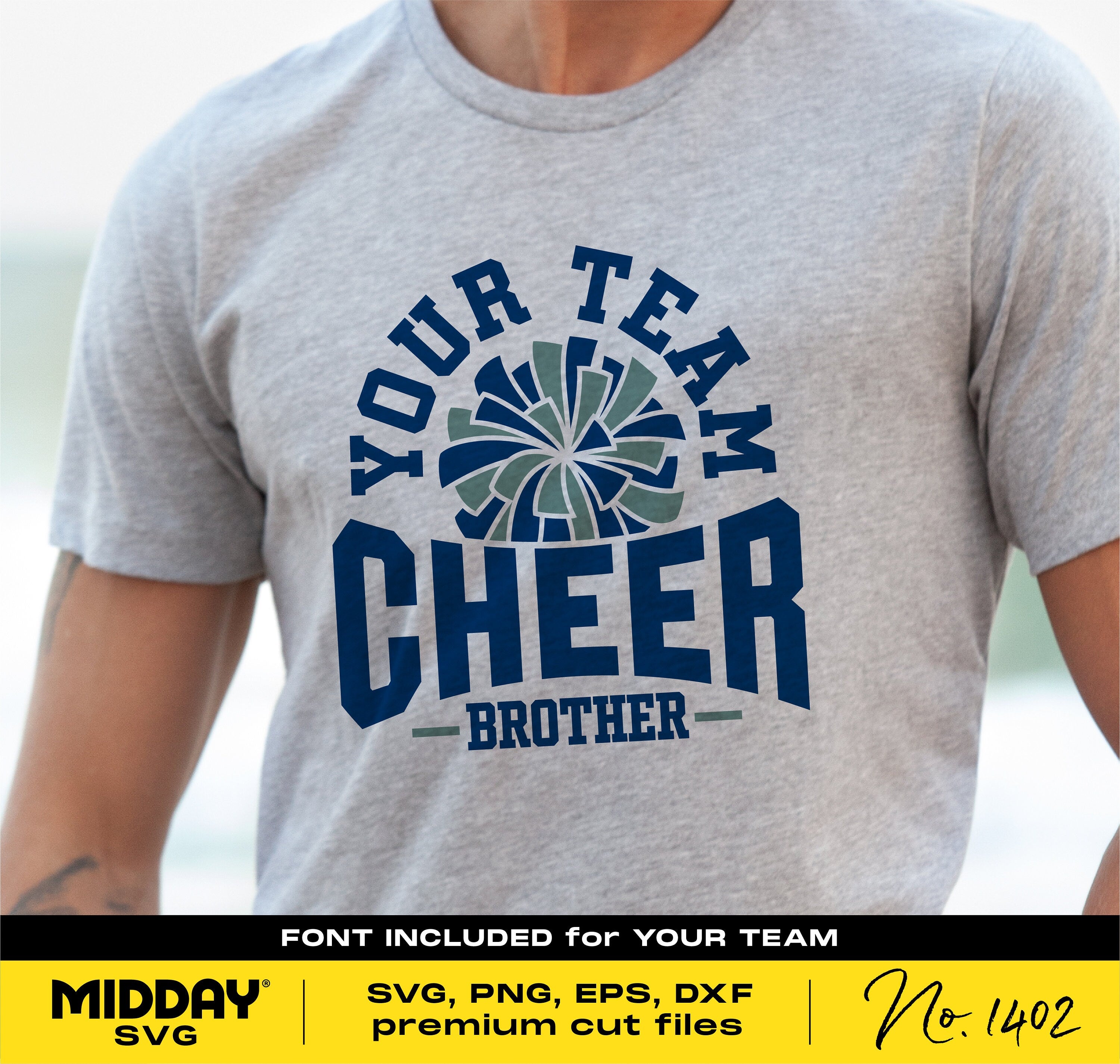 Gray t-shirt featuring 'Your Team Cheer Brother' text with pom pom illustration, ideal for Cricut and Silhouette cutting designs.