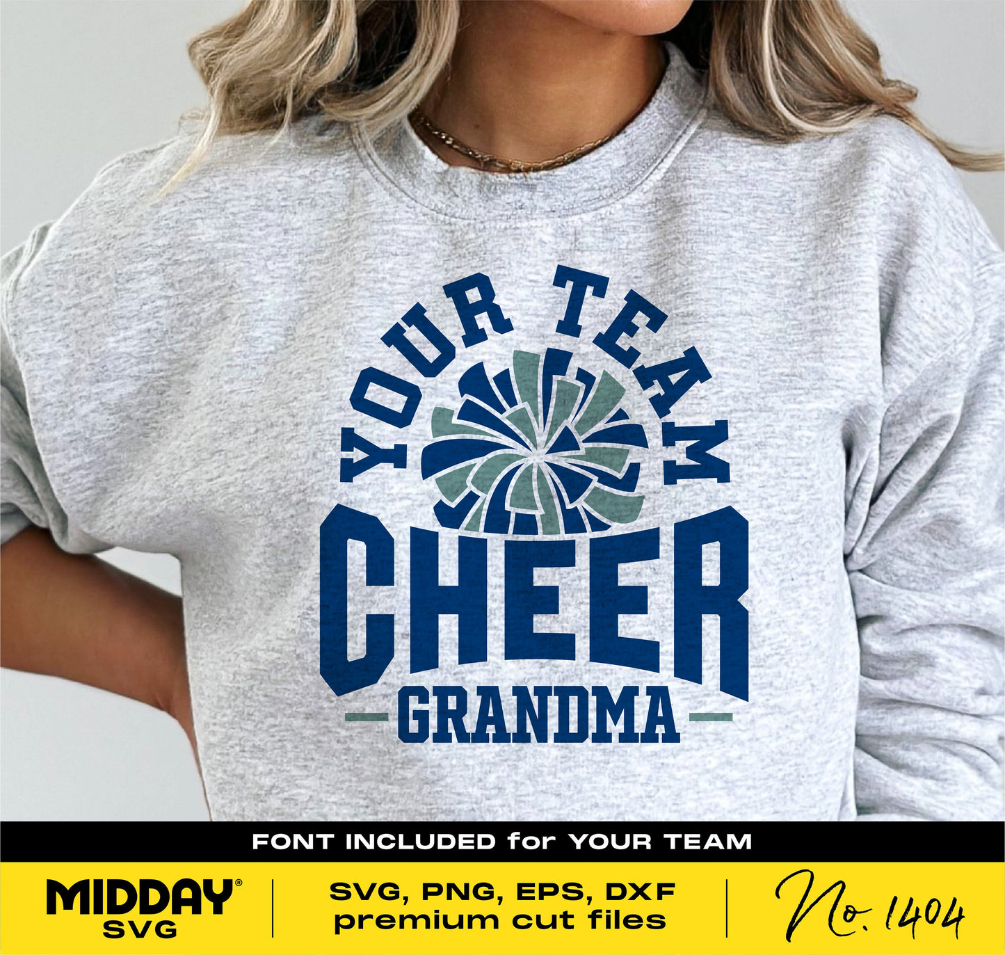 Cheer Grandma sweatshirt with pom pom design in blue, available as SVG, PNG, EPS, DXF for Cricut and Silhouette projects.