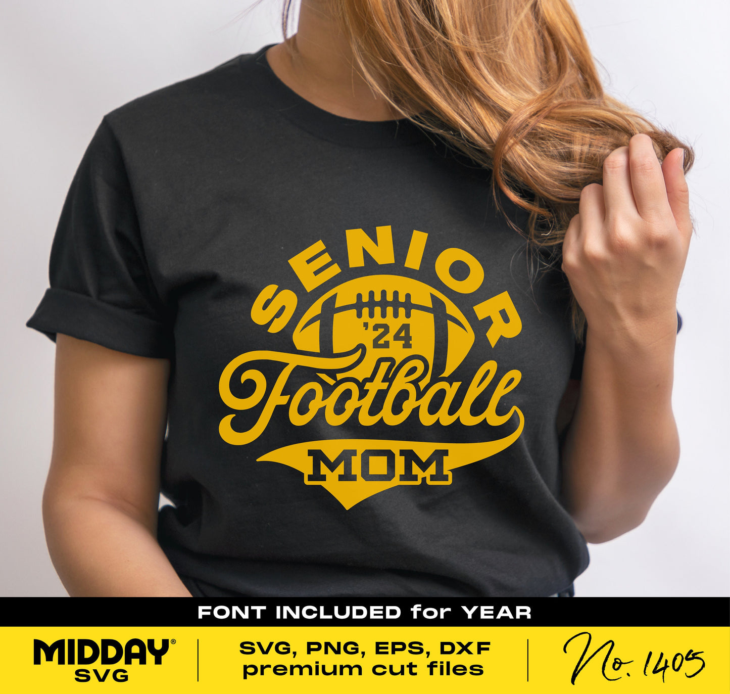 Senior Football Mom shirt design in black with gold text, includes SVG, PNG, DXF, EPS formats for Cricut and sublimation projects.