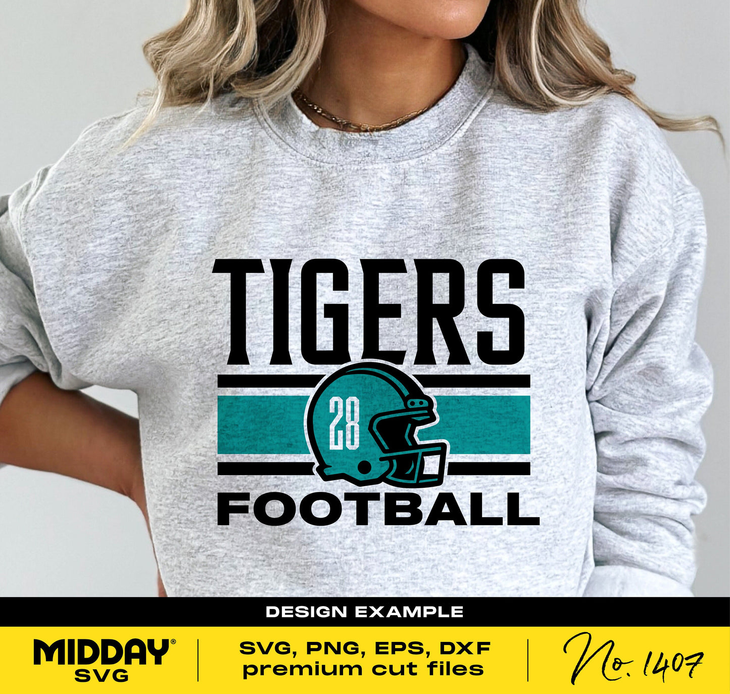 Person wearing a gray sweatshirt with 'Tigers Football' design featuring a teal football helmet. Perfect for team shirts or DIY crafting using SVG files.