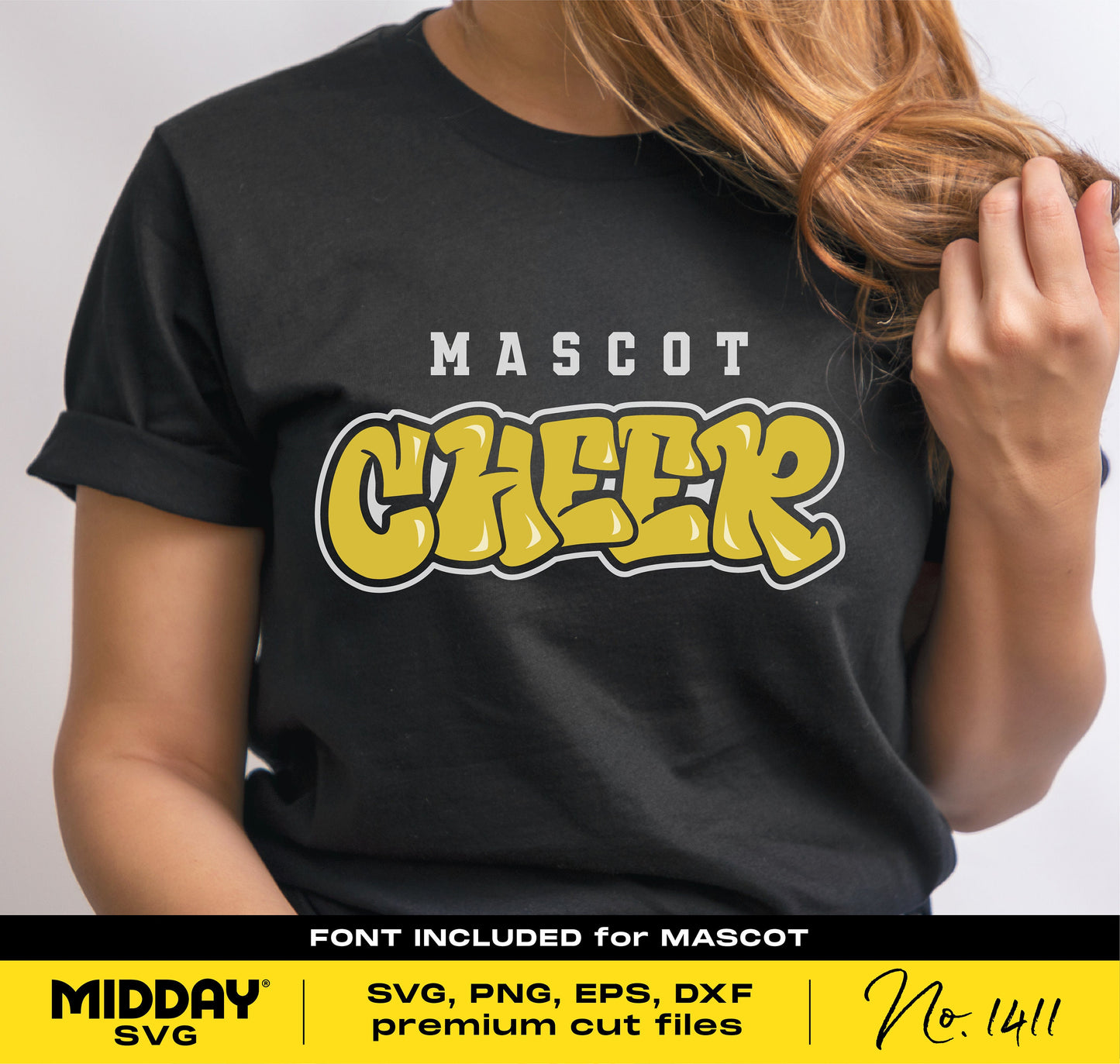 Cheerleader shirt design with 'Mascot Cheer' graffiti text, featuring SVG and PNG file options for Cricut and sublimation projects.