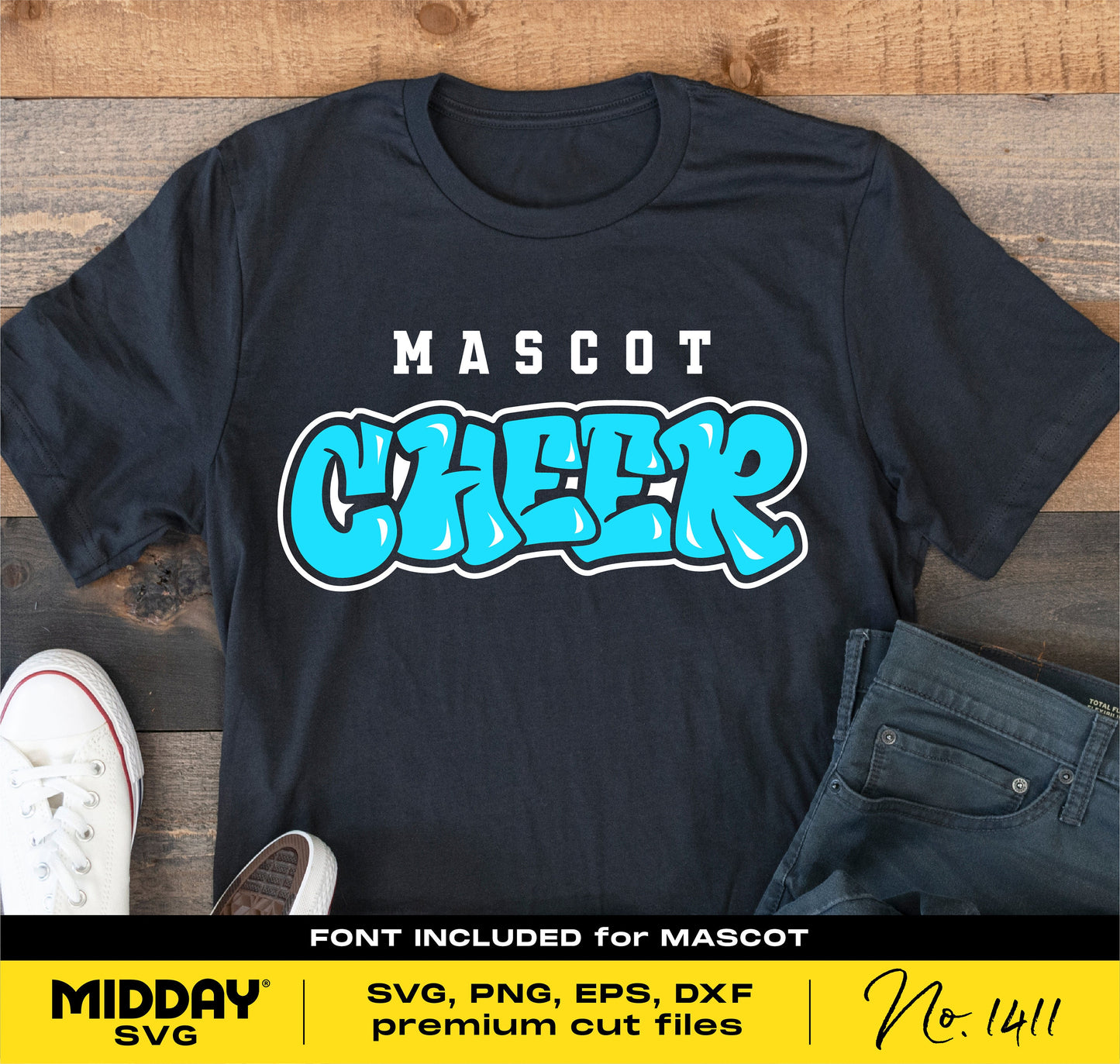 Black t-shirt with 'Mascot Cheer' design in graffiti style, ideal for cheer team shirts, includes DIY SVG files for Cricut.