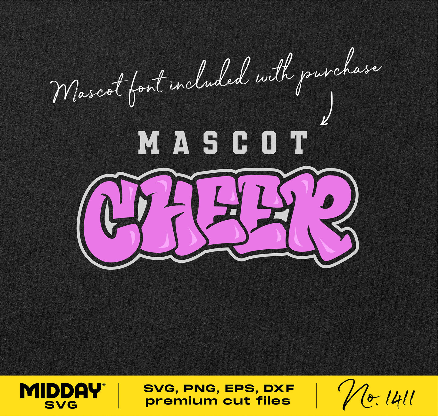 Pink graffiti-style 'Cheer' text design with included mascot font, ideal for cheer team shirts, SVG cut files, and sublimation projects.