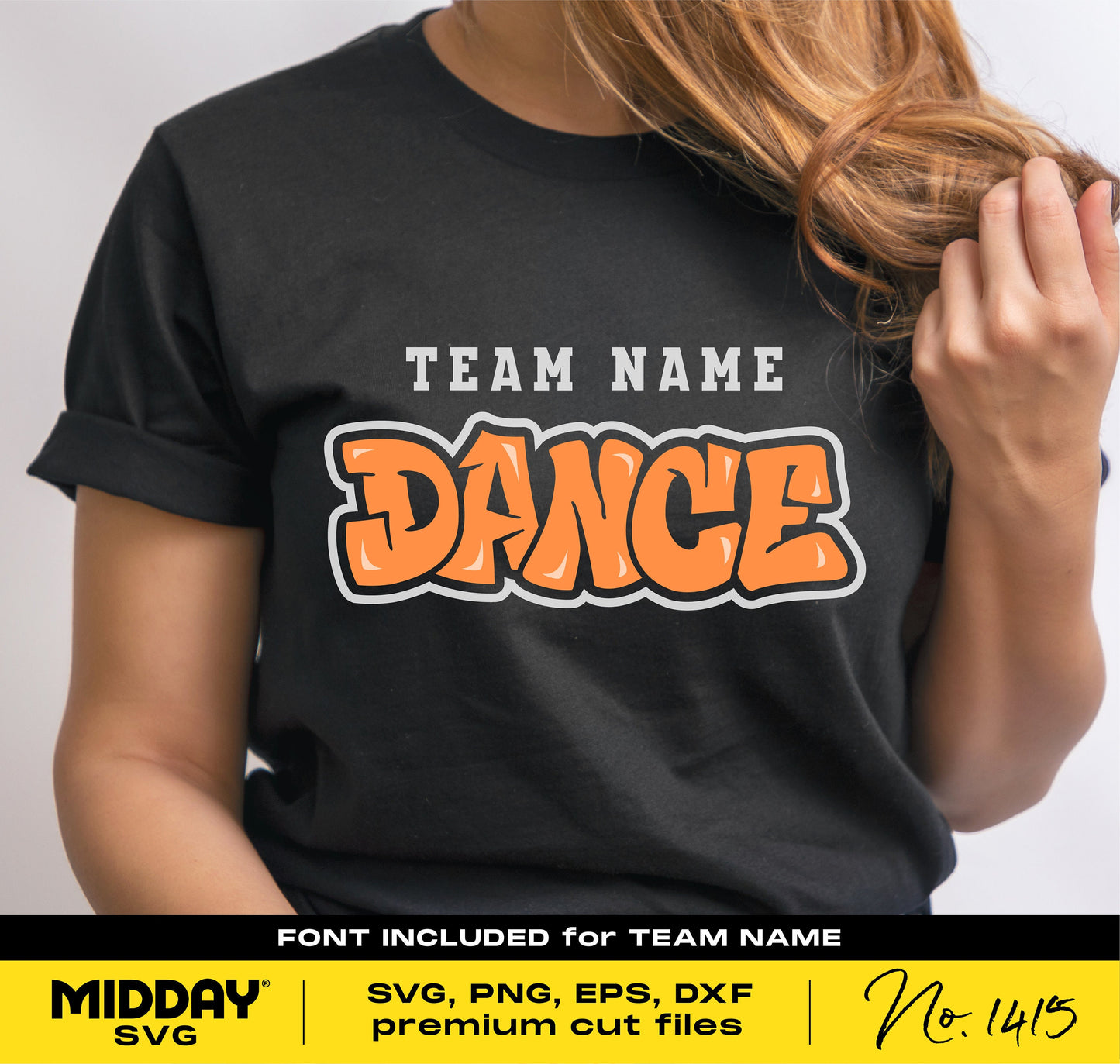 Person wearing a black shirt with 'Team Name Dance' design, featuring bold orange lettering, suitable for DIY dance-themed crafts.