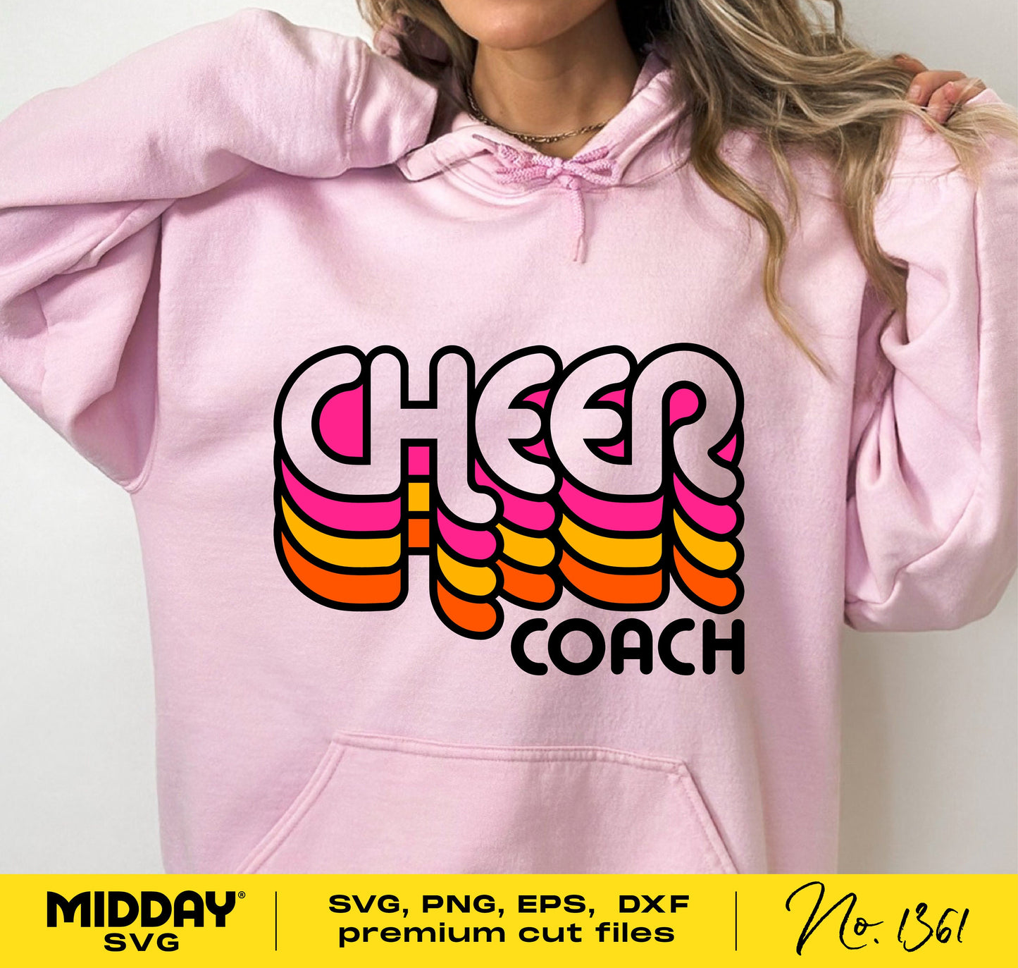 Pink hoodie with colorful 'Cheer Coach' design, suitable for Cricut and sublimation projects. Includes SVG, PNG, EPS, DXF formats.