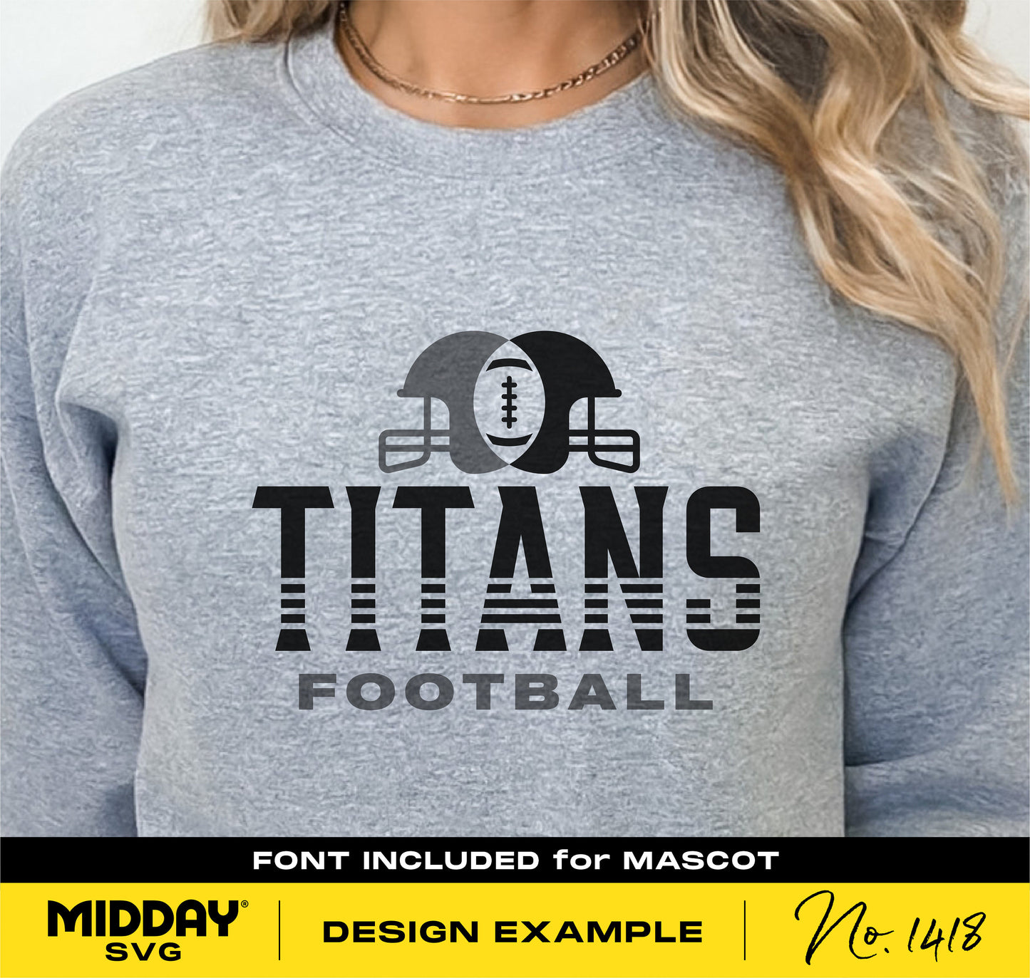 Gray shirt with "Titans Football" design featuring a football helmet graphic. Text example for DIY Cricut projects using included font.