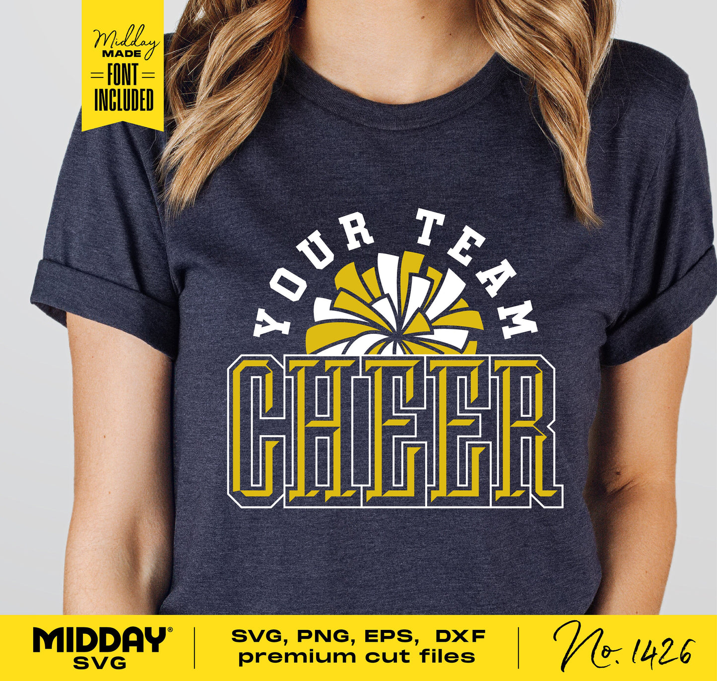 Dark gray shirt with 'Your Team Cheer' design, featuring yellow and white graphic. SVG, PNG, EPS, DXF files included. Suitable for Cricut.