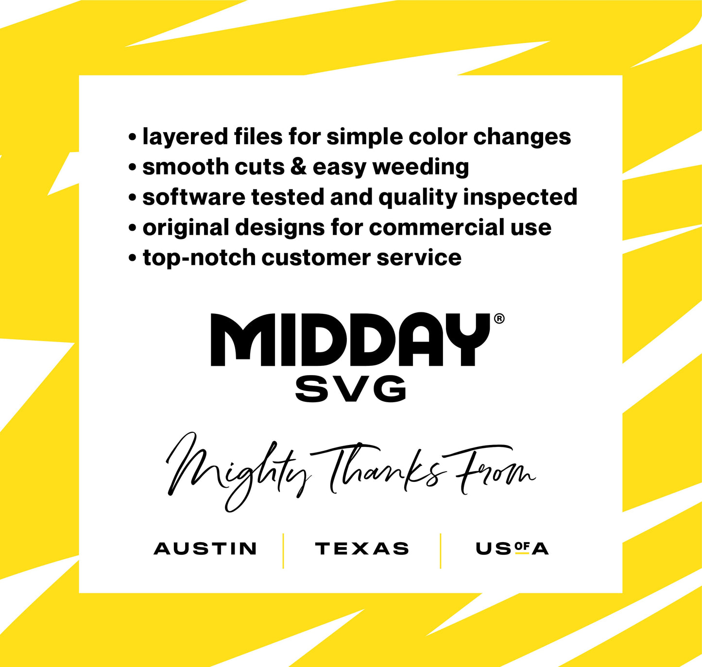 Graphic listing Midday SVG features: easy color changes, smooth cuts, quality inspected, commercial use, based in Austin, Texas, USA.